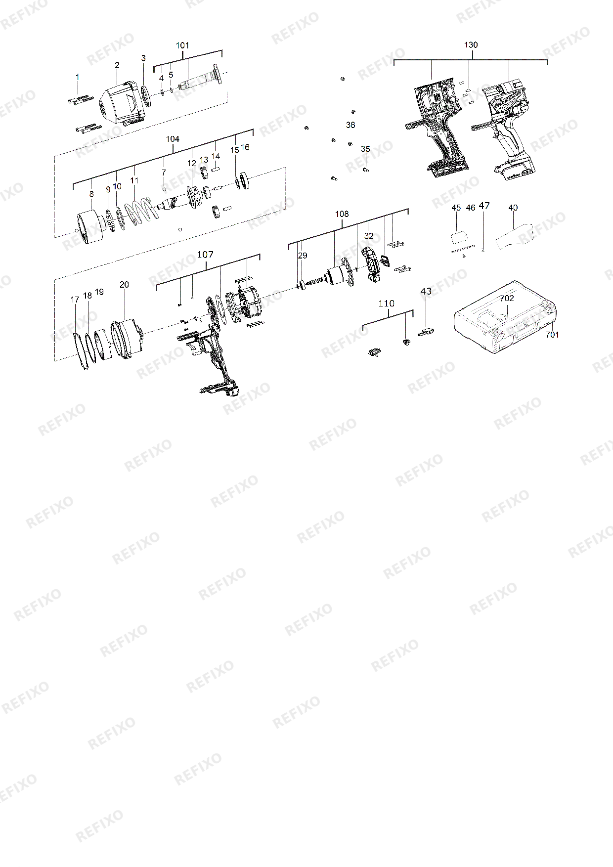 Деталировка MILWAUKEE M18ONEFHIWF12E 0X 4933478405 4000477305 — схема запчастей в разборе
