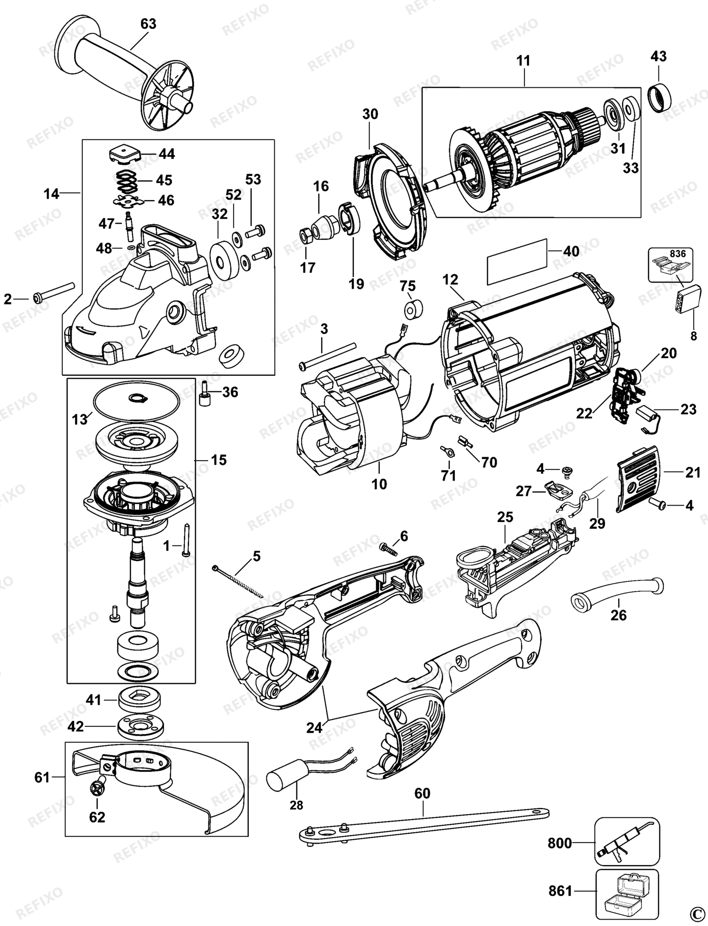 Деталировка DeWalt D28492S-XJ TYPE 5 угловая шлифмашина D28492S-XJ D28492S — схема запчастей в разборе