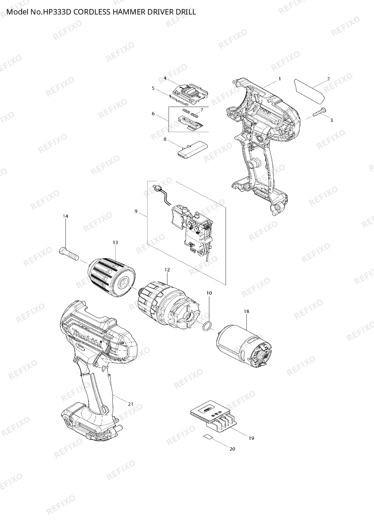 Деталировка MAKITA HP333D — схема запчастей в разборе