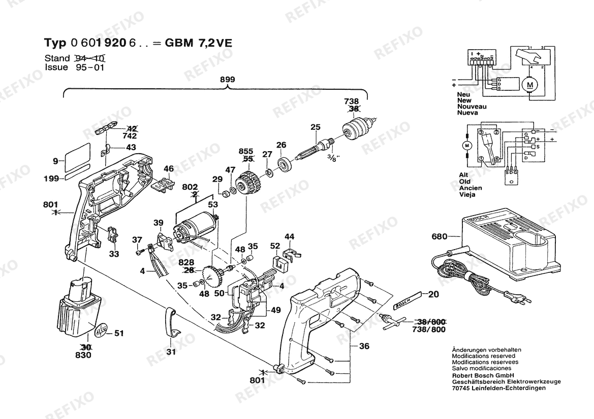 Деталировка Bosch Gw- аккумуляторный - дрель GBM 7,2 VE | 7.2 V | 036 - GB (0 601 920 642) — схема запчастей в разборе