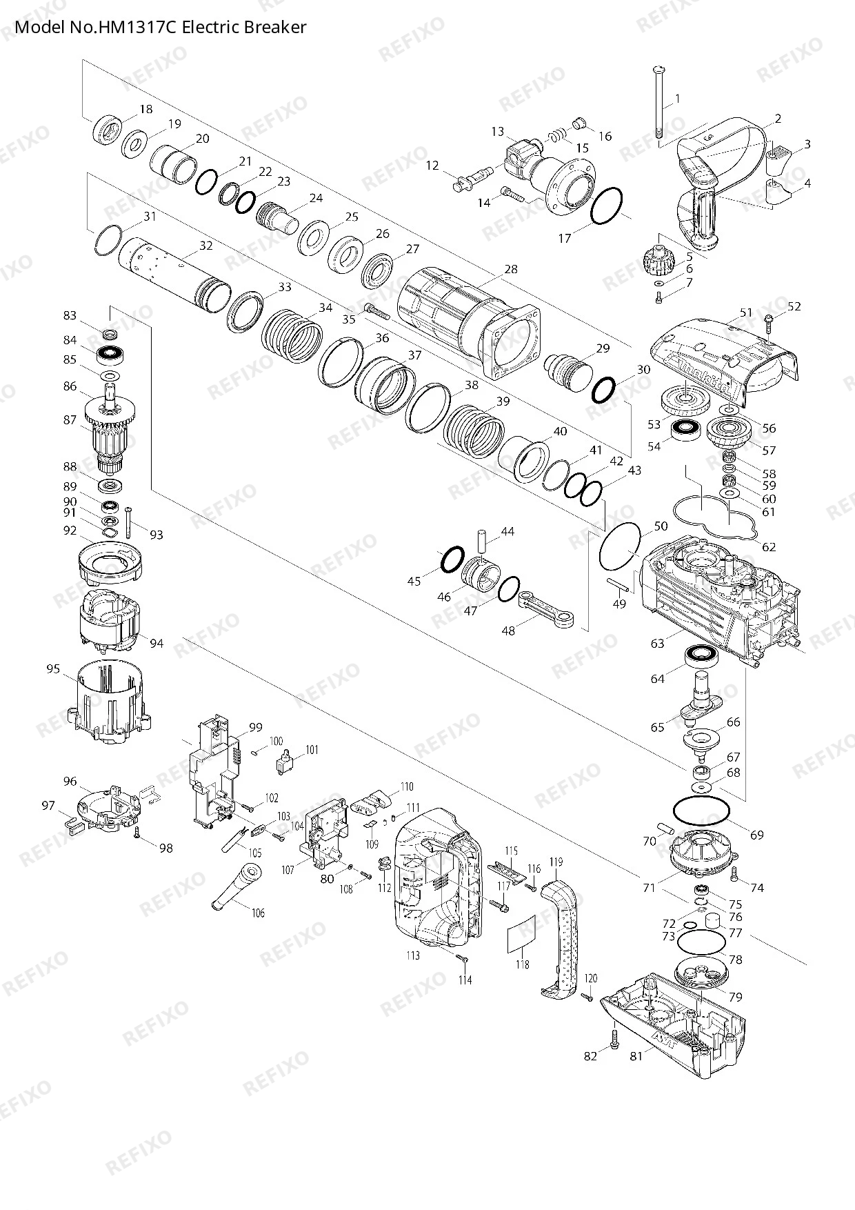 Деталировка MAKITA HM1317C — схема запчастей в разборе