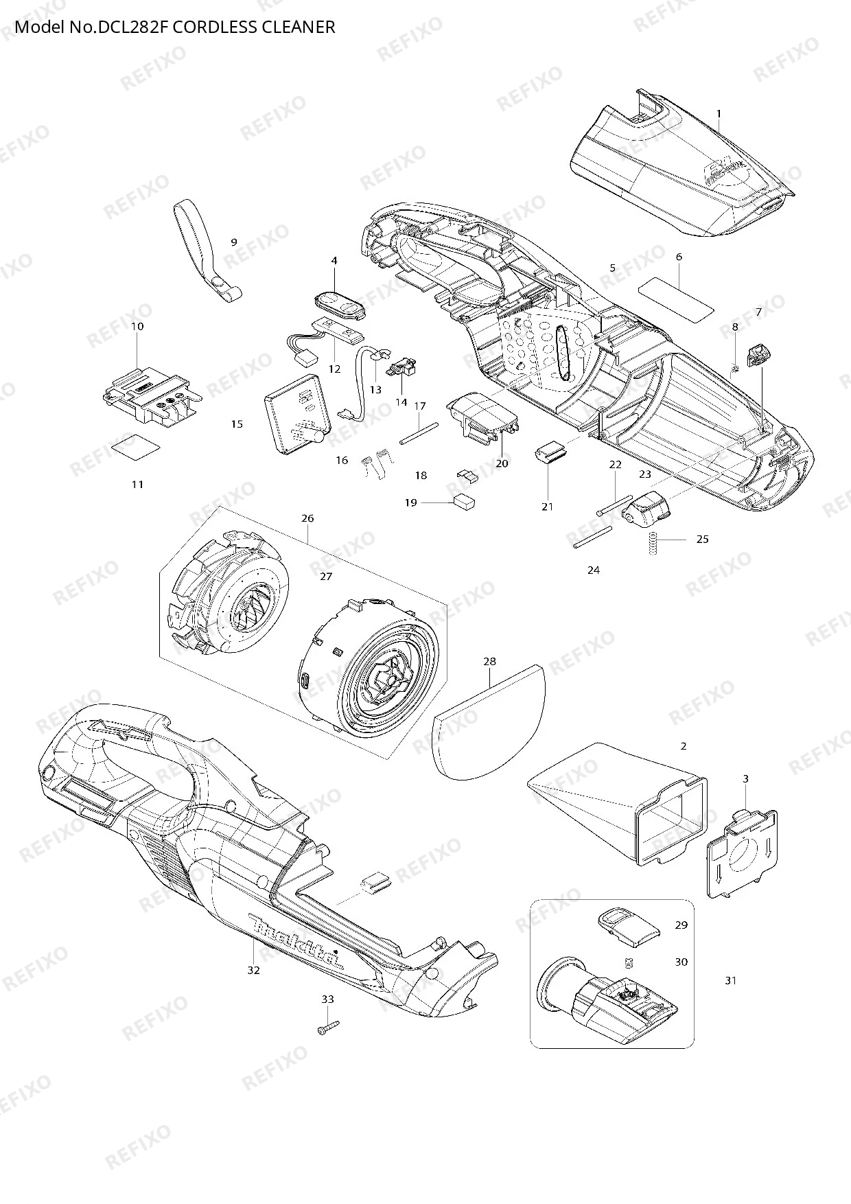 Деталировка MAKITA DCL282F — схема запчастей в разборе