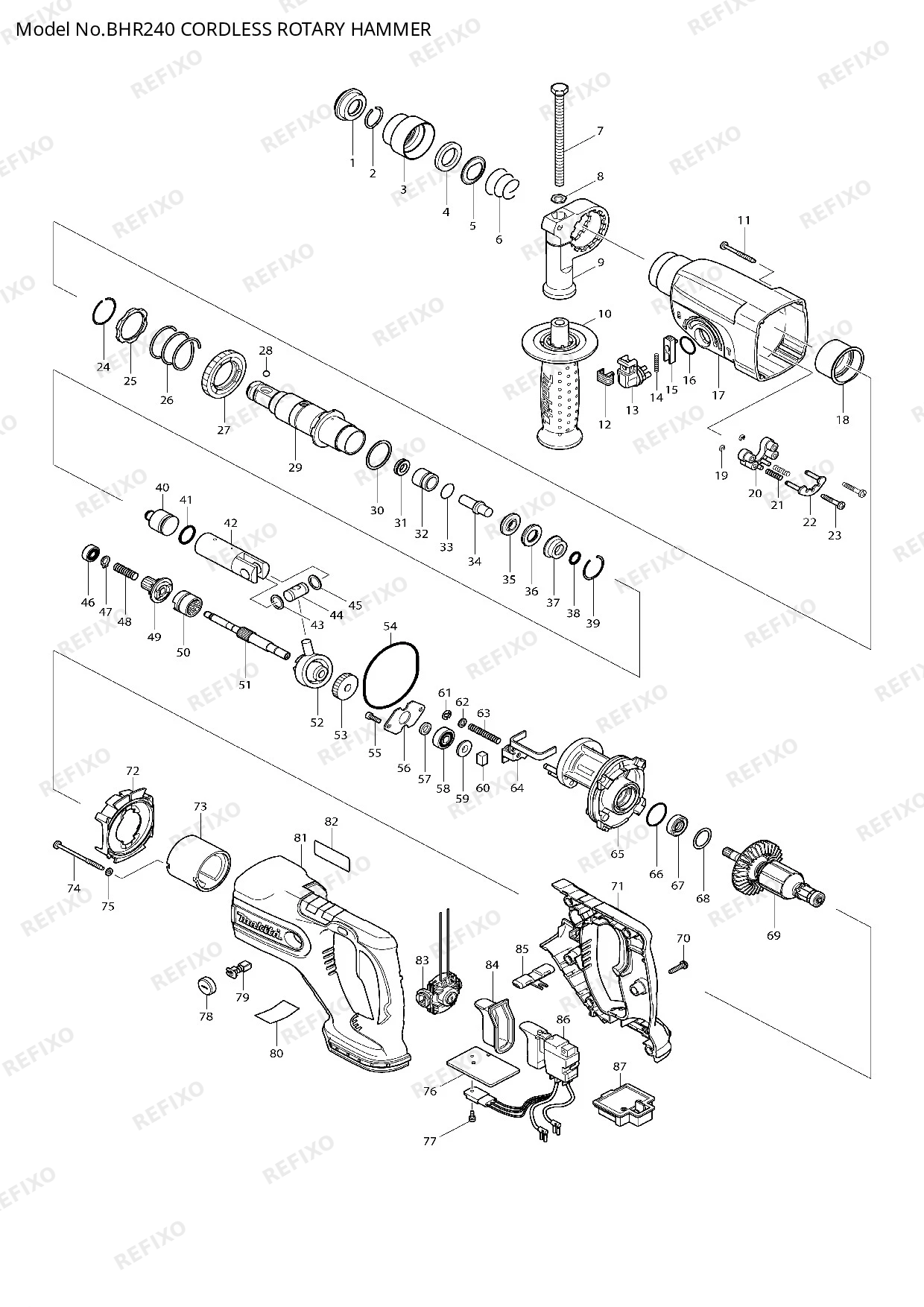 Деталировка MAKITA BHR240 — схема запчастей в разборе