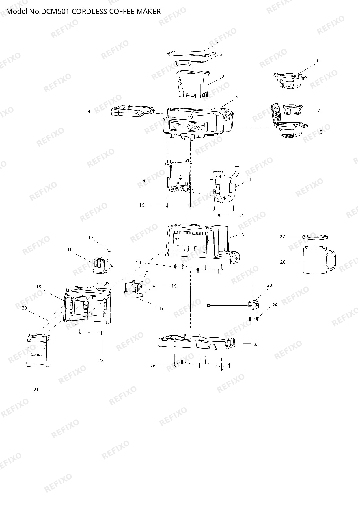 Деталировка MAKITA DCM501 — схема запчастей в разборе