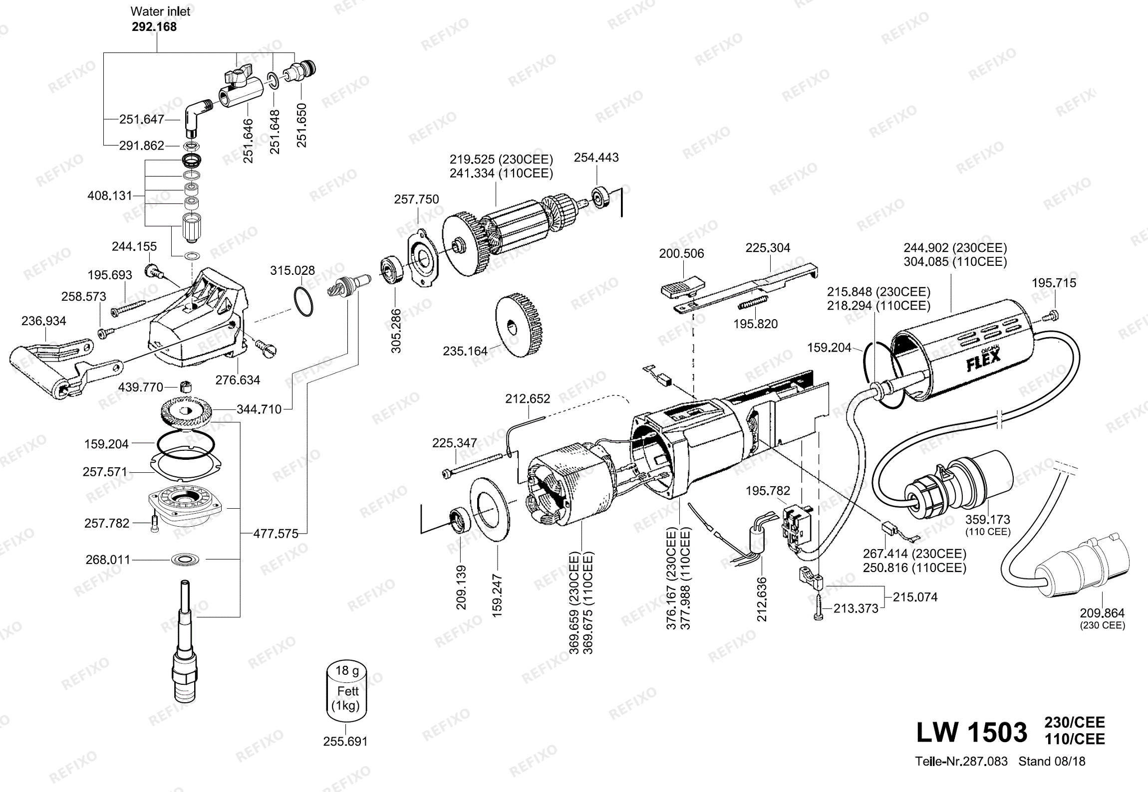Деталировка Flex LW 1503 Naß- шлифмашина ab 08.2018 — схема запчастей в разборе