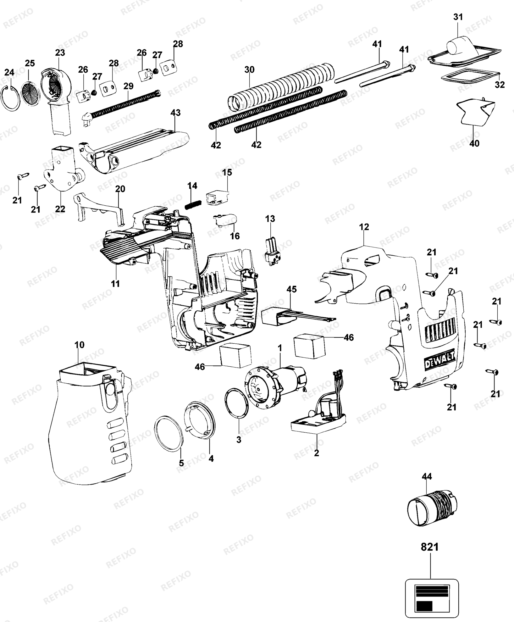 Деталировка DeWalt D25300D-LX TYPE 1 ENTNEHMERSATZ D25300D-LX D25300D — схема запчастей в разборе