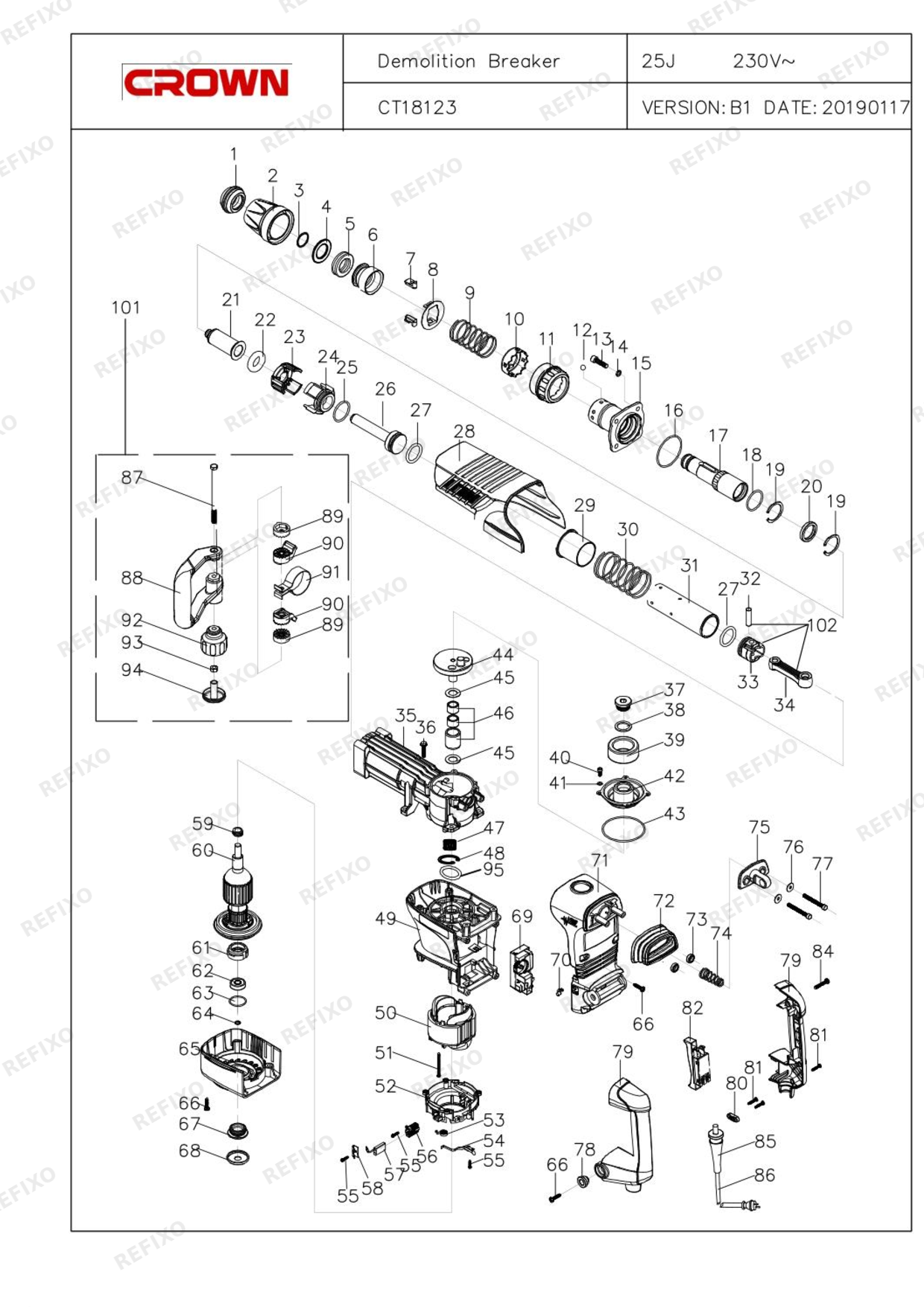 Деталировка CROWN CT18123V (с с.н. 22....) — схема запчастей в разборе