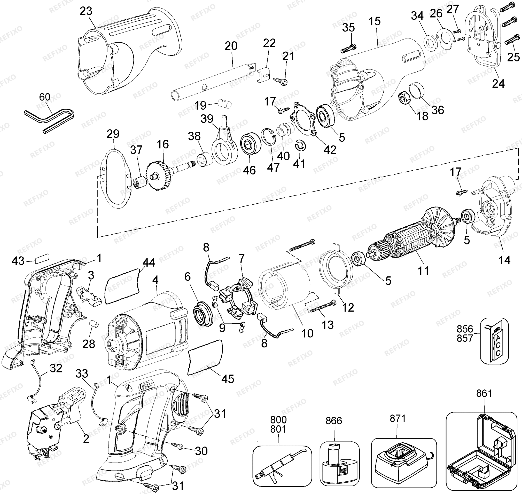 Деталировка DeWalt DW937K-QW TYPE 1 14.4V CDLS.RECIP.SAW DW937K-QW DW937K — схема запчастей в разборе
