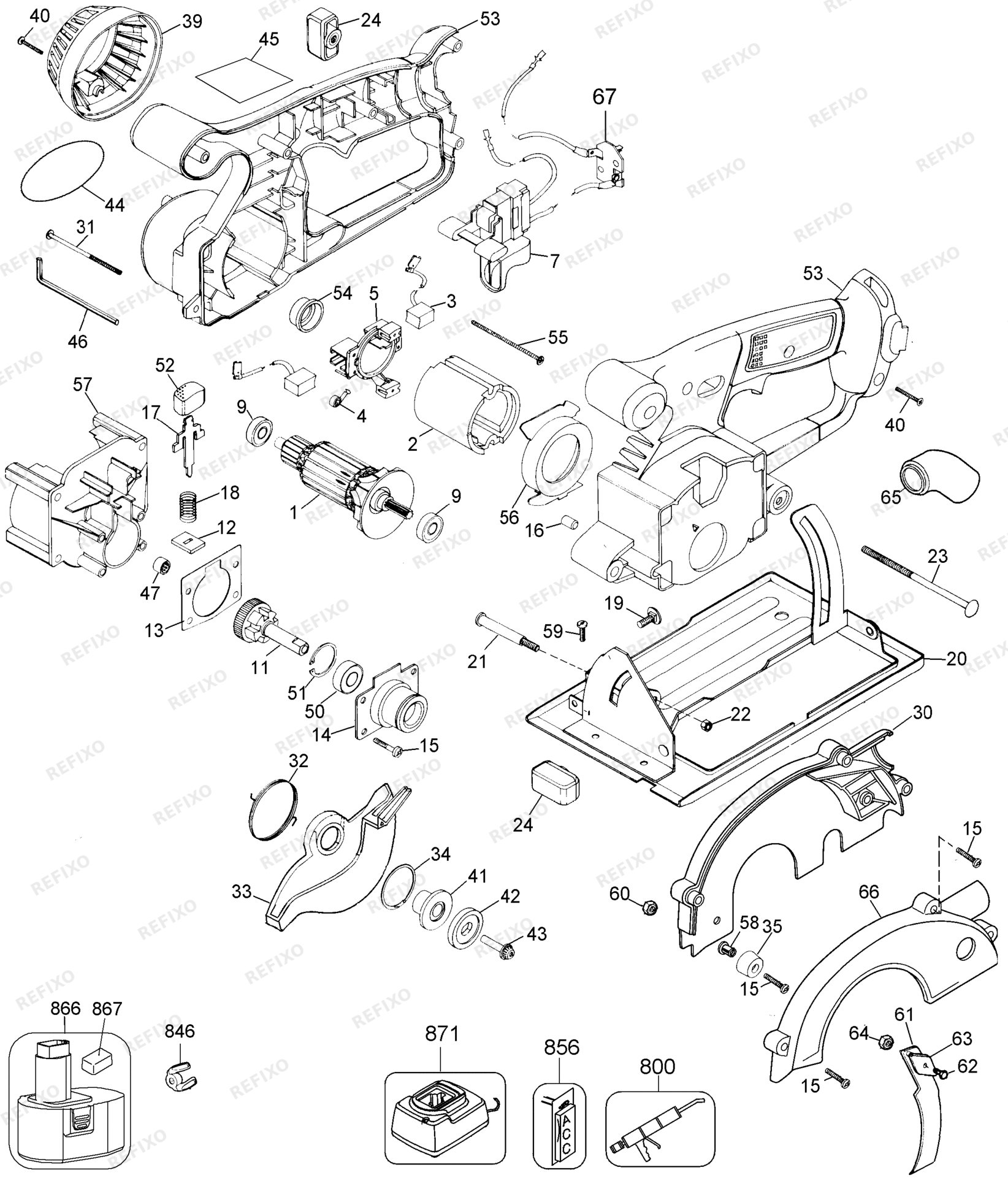 Деталировка DeWalt DW935K-XJ TYPE 3 аккумуляторный HANDKREISSAGE DW935K-XJ DW935K — схема запчастей в разборе
