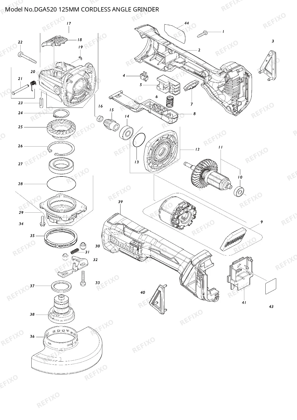 Деталировка MAKITA DGA520 — схема запчастей в разборе