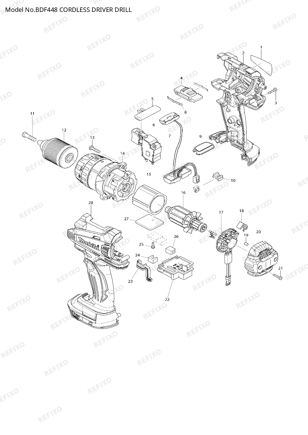 Деталировка MAKITA BDF448 — схема запчастей в разборе
