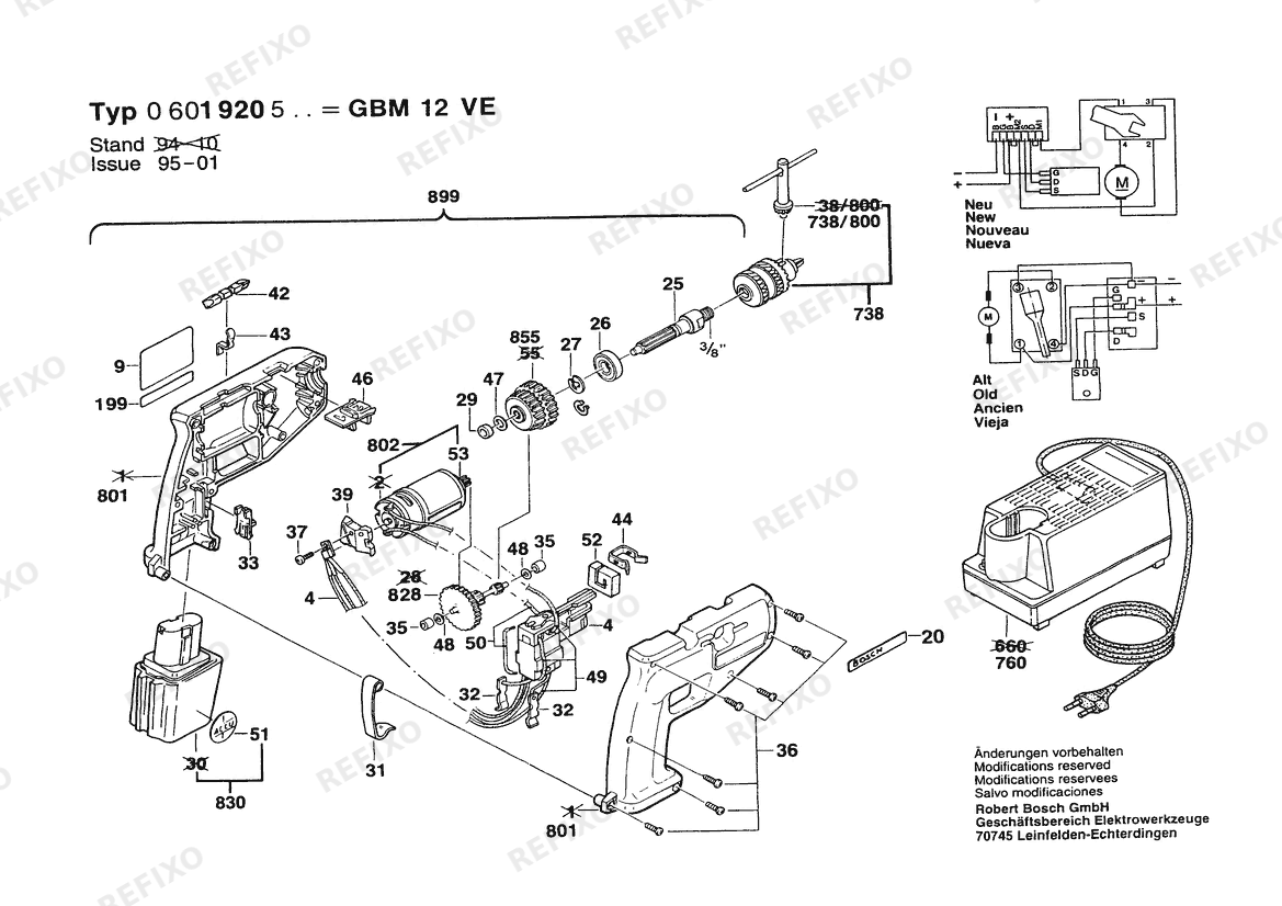 Деталировка Bosch Аккумуляторный - дрель GBM 12 VE | 12 V | 001 - EU (0 601 920 503) — схема запчастей в разборе