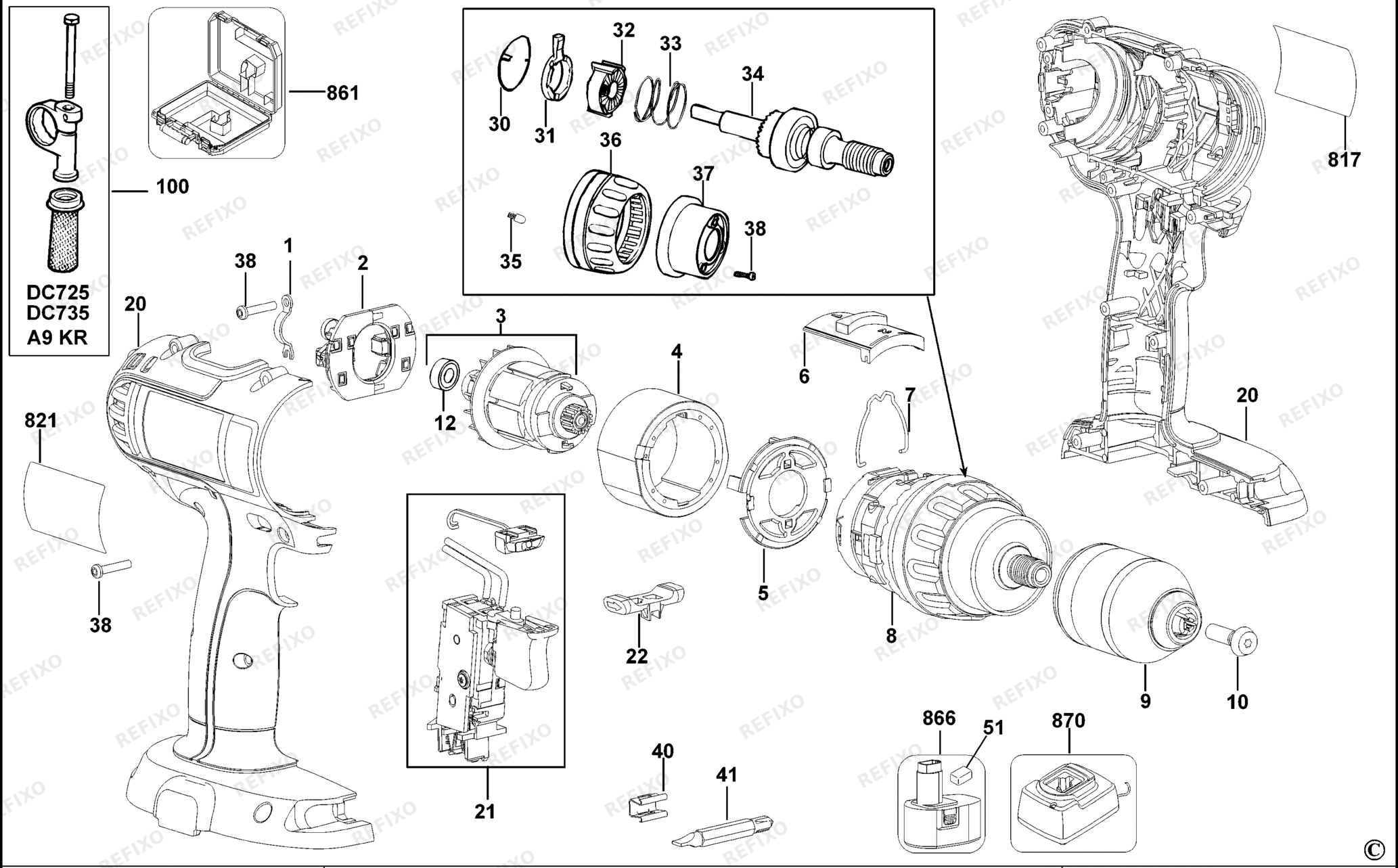 Деталировка DeWalt DC727K-QW TYPE 11 DE-CORDLESS DRILLDRIVER DC727K-QW DC727K — схема запчастей в разборе