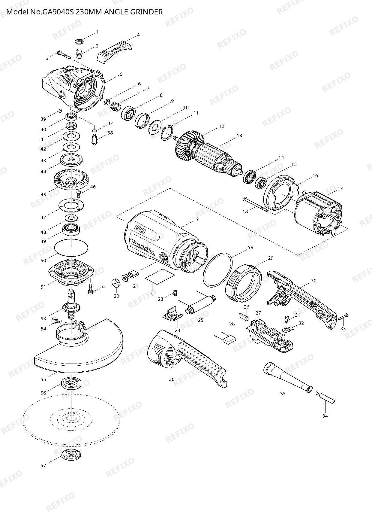 Деталировка MAKITA GA9040S — схема запчастей в разборе