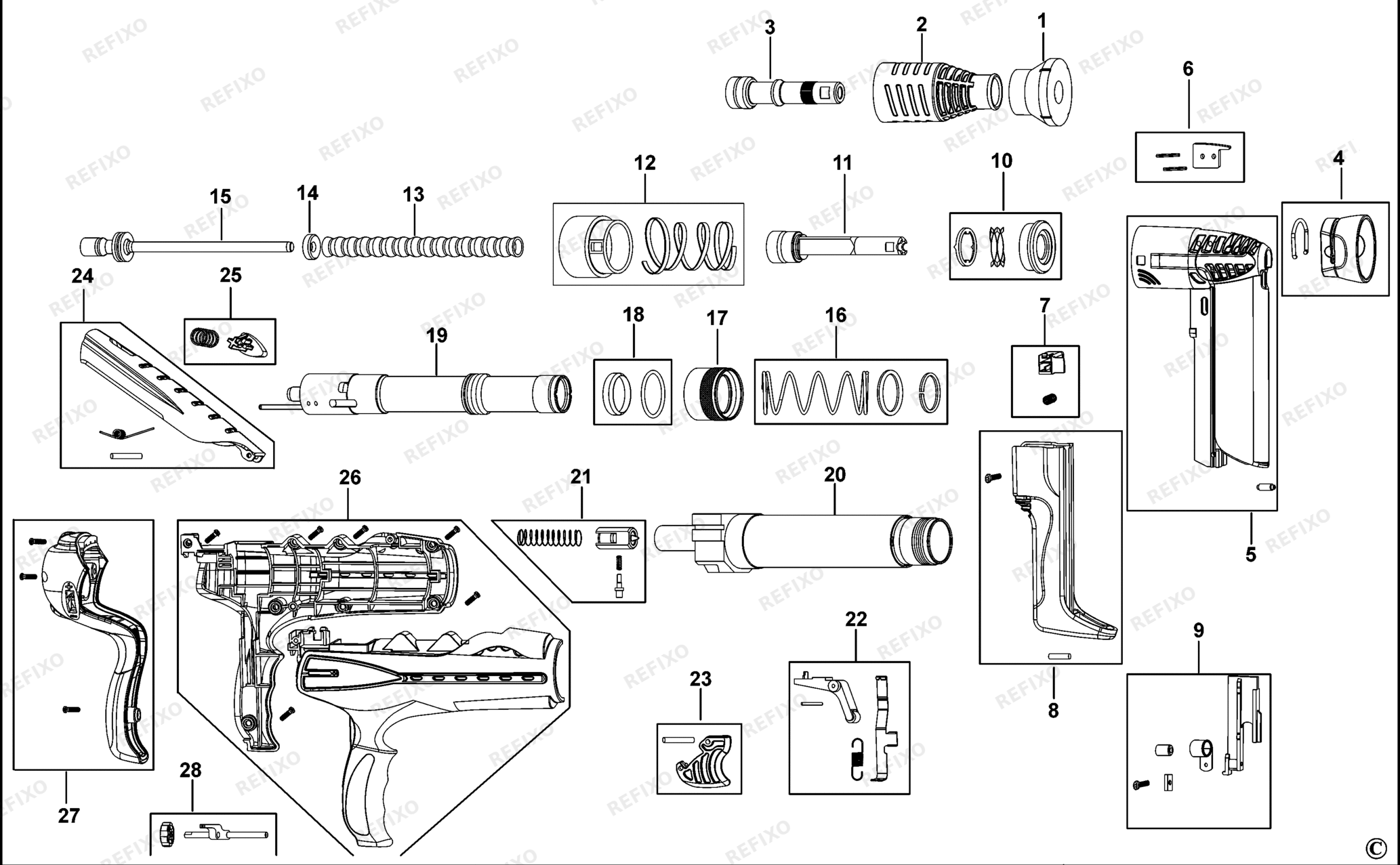 Деталировка DeWalt DDF2130000-XJ TYPE 1 NAILER DDF2130000-XJ DDF2130000 — схема запчастей в разборе