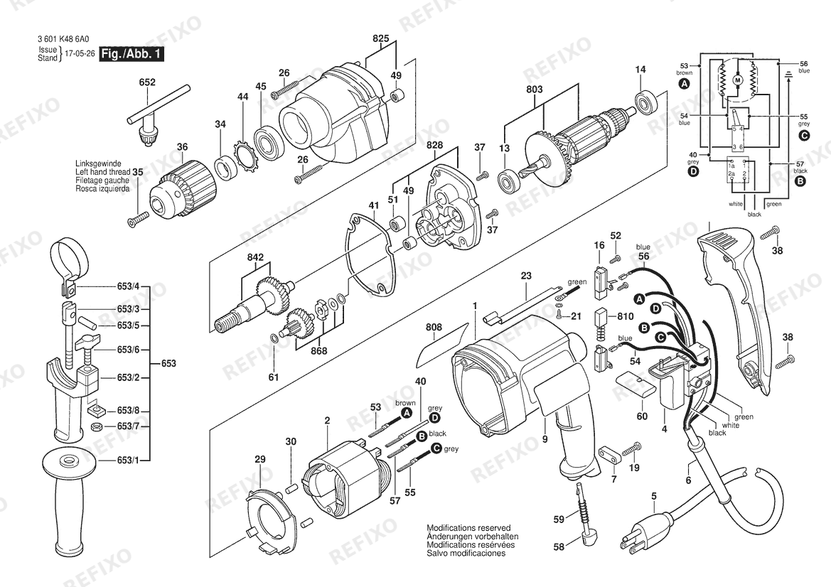 Деталировка Bosch Дрель 1033VSR | 120 V | 061 - US (3 601 K48 6A0) — схема запчастей в разборе
