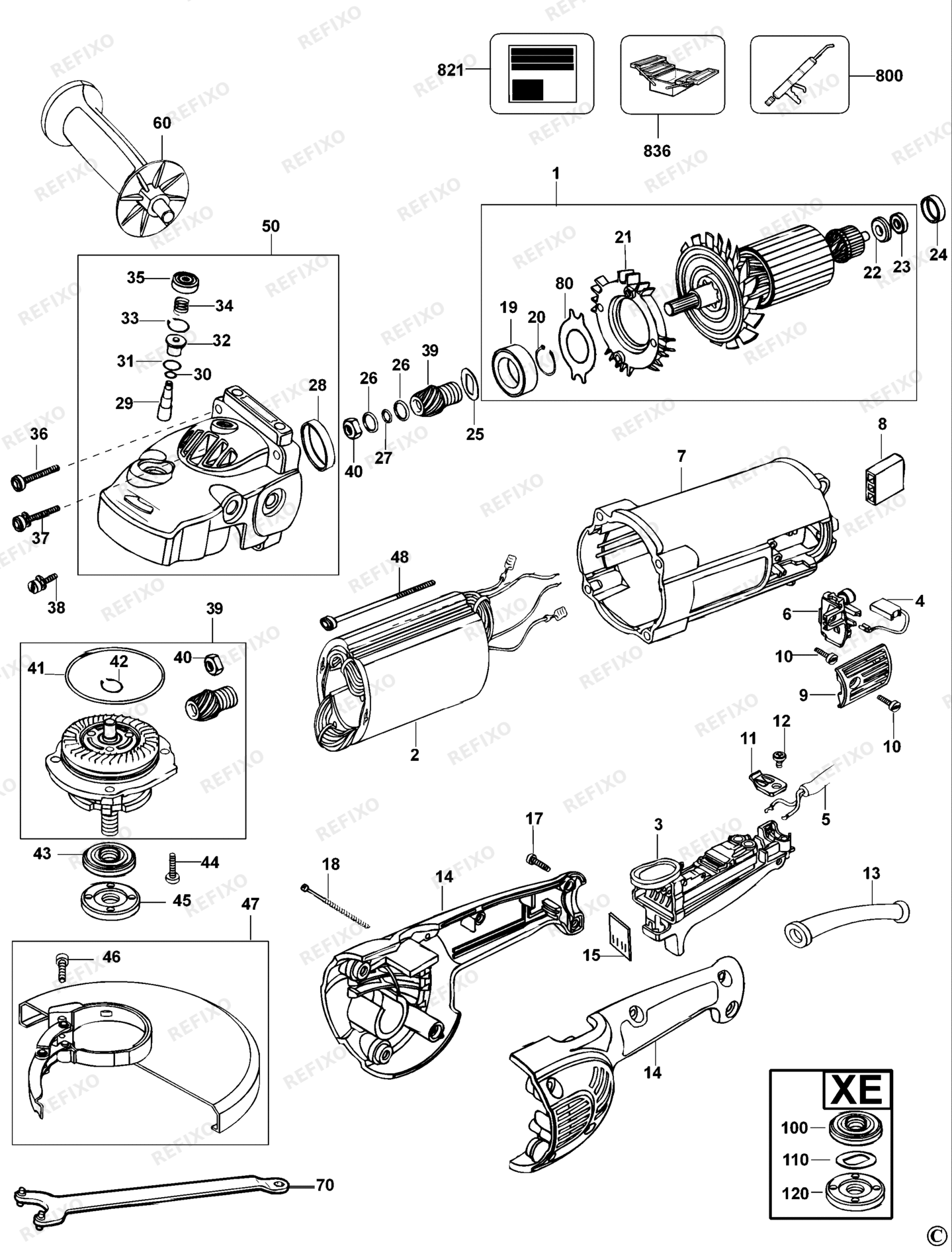 Деталировка DeWalt D28411-QS TYPE 1 угловая шлифмашина D28411-QS D28411 — схема запчастей в разборе