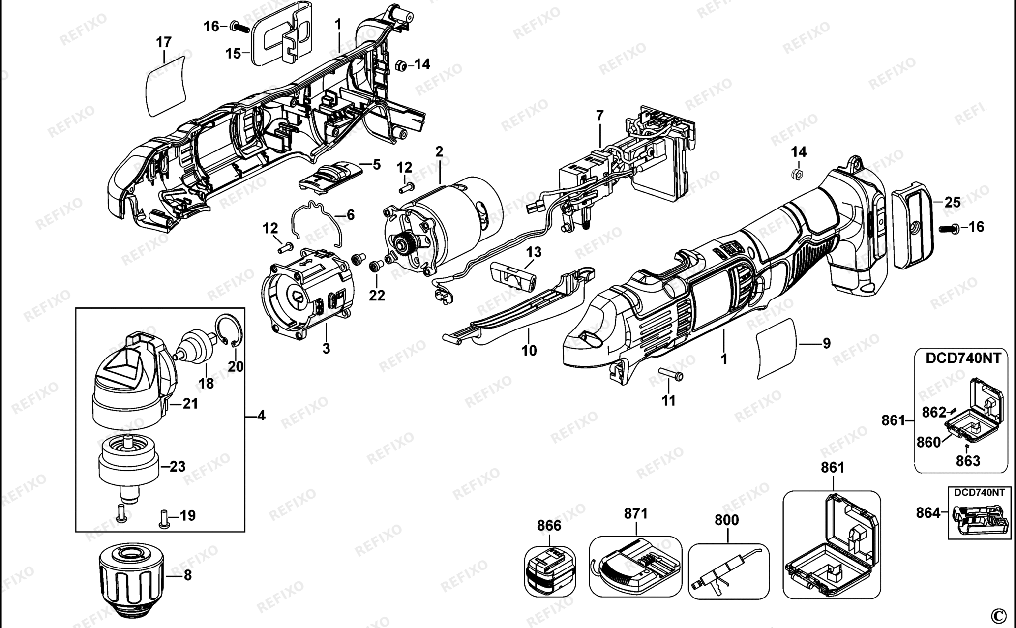 Деталировка DeWalt DCD740-QW TYPE 1 RIGHT ANGLE DRILL DCD740-QW DCD740 — схема запчастей в разборе