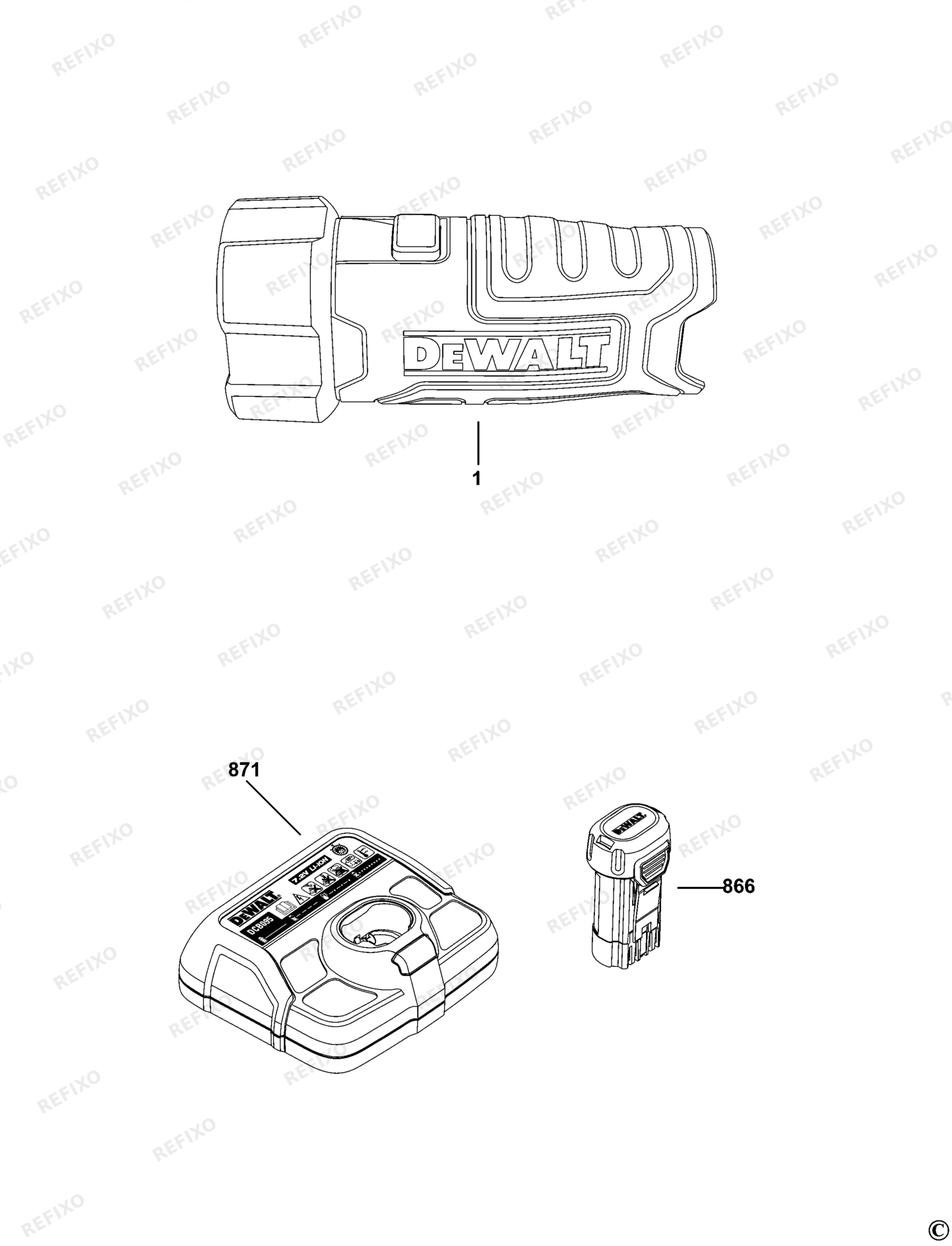 Деталировка DeWalt DCL023N-XJ TYPE 1 SCHNURLOS-FACKEL DCL023N-XJ DCL023N — схема запчастей в разборе