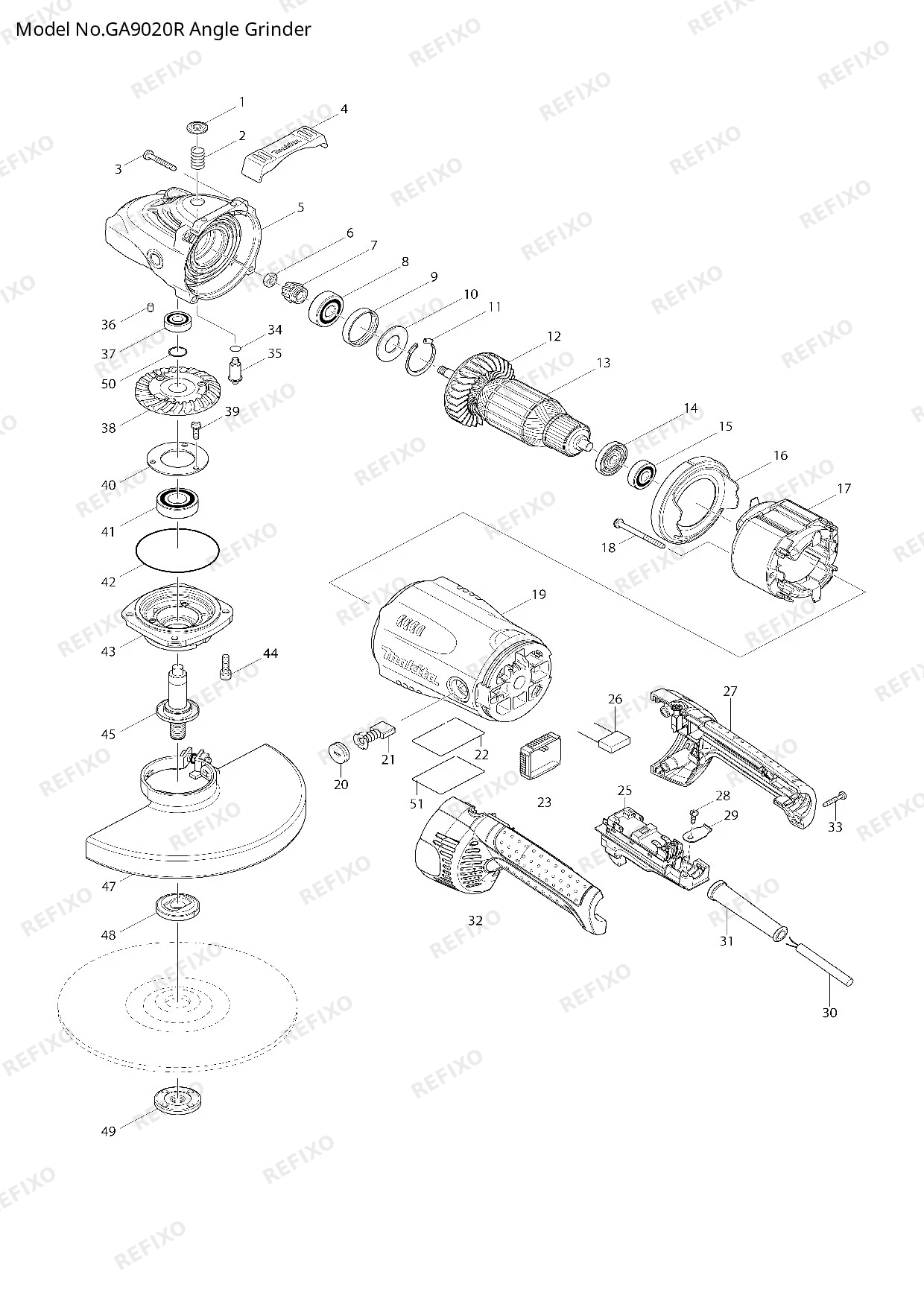 Деталировка MAKITA GA9020R — схема запчастей в разборе