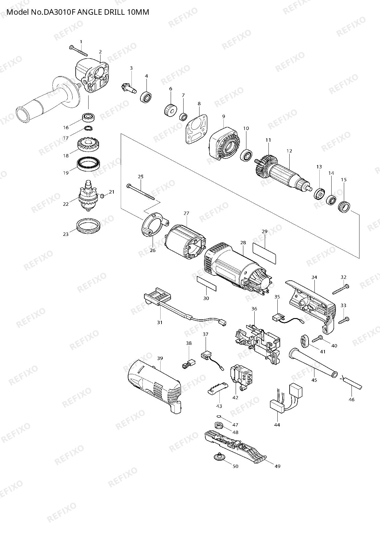 Деталировка MAKITA DA3010F — схема запчастей в разборе