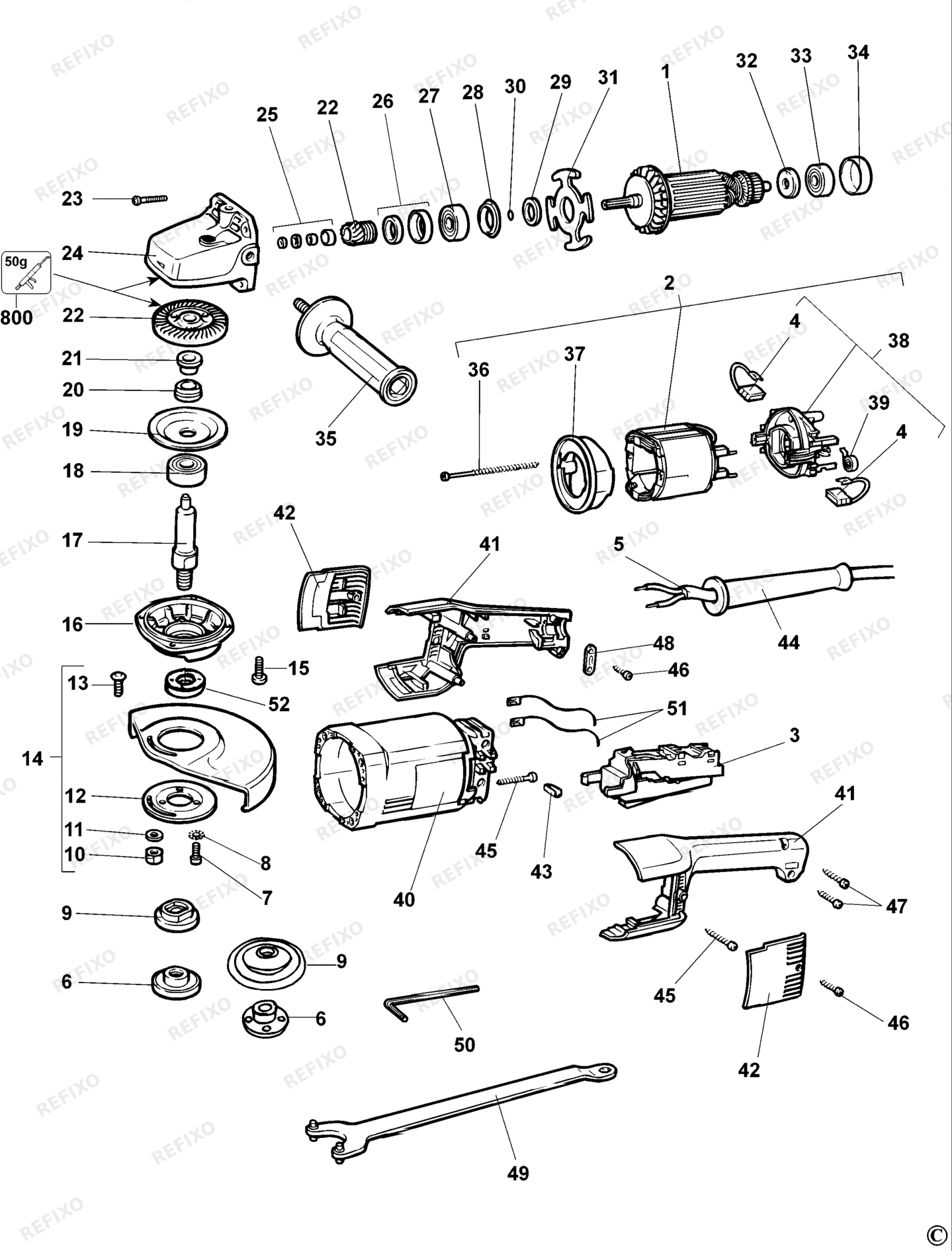 Деталировка DeWalt DW852-QS TYPE 5 угловая шлифмашина DW852-QS DW852 — схема запчастей в разборе