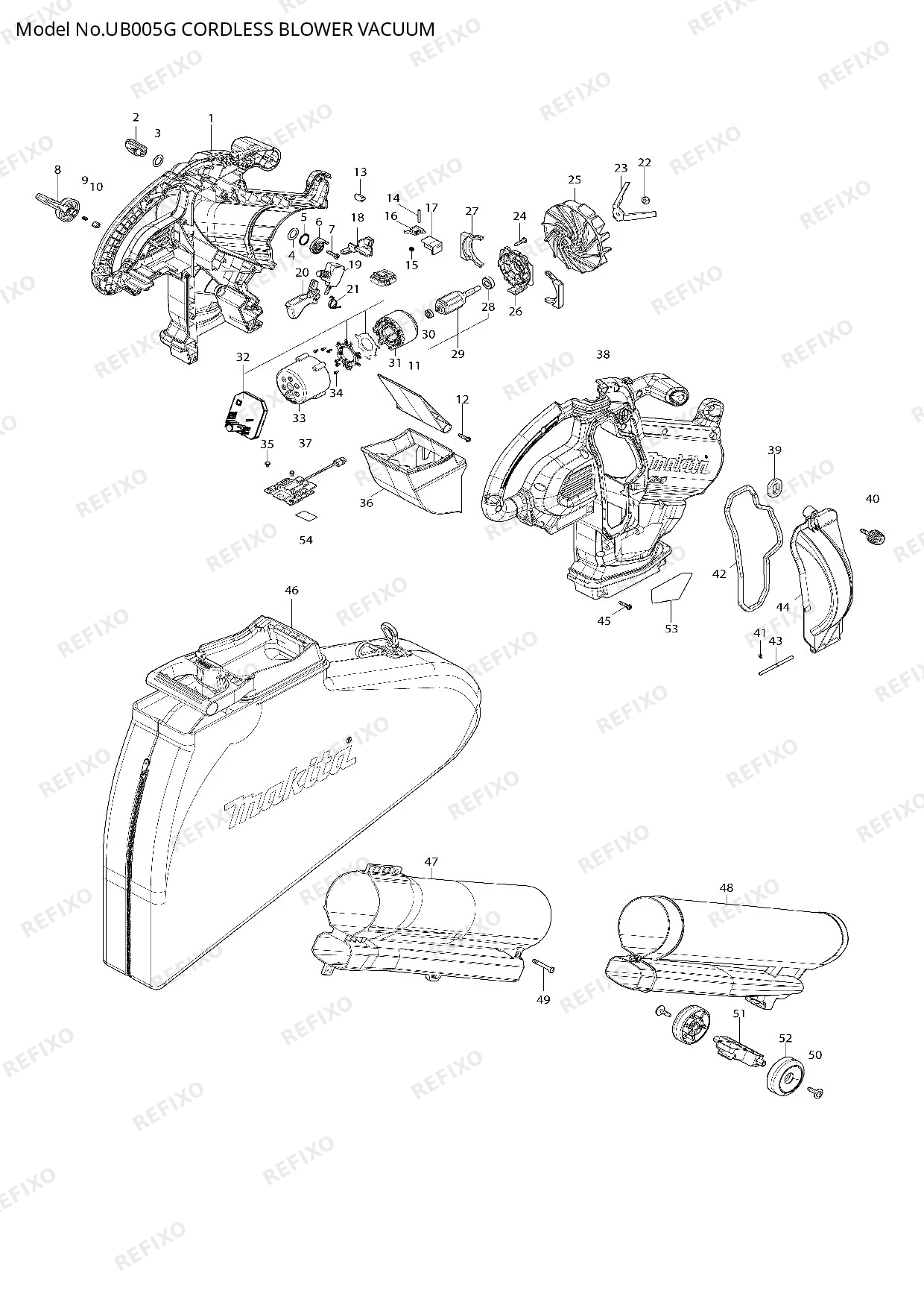 Деталировка MAKITA UB005G — схема запчастей в разборе