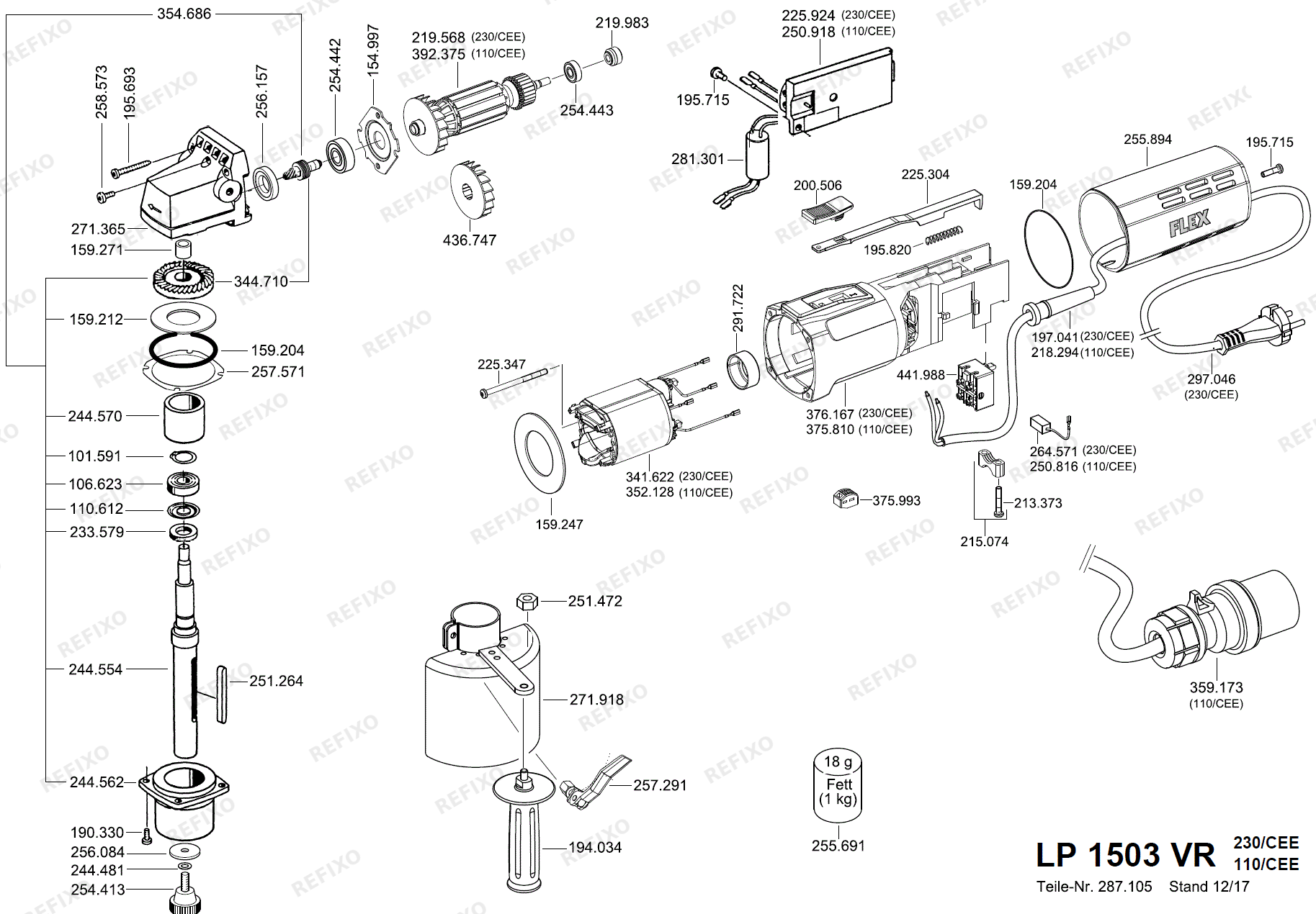 Деталировка Flex LP 1503 VR 230CEE nach 01.12.2017 LP1503VR — схема запчастей в разборе