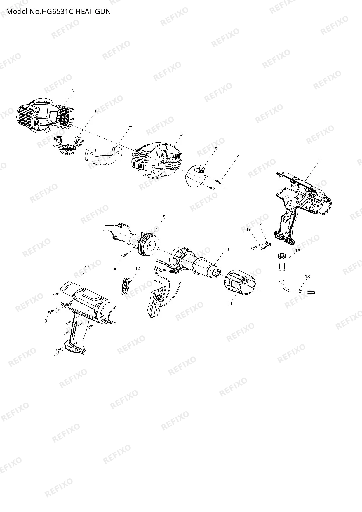Деталировка MAKITA HG6531C — схема запчастей в разборе
