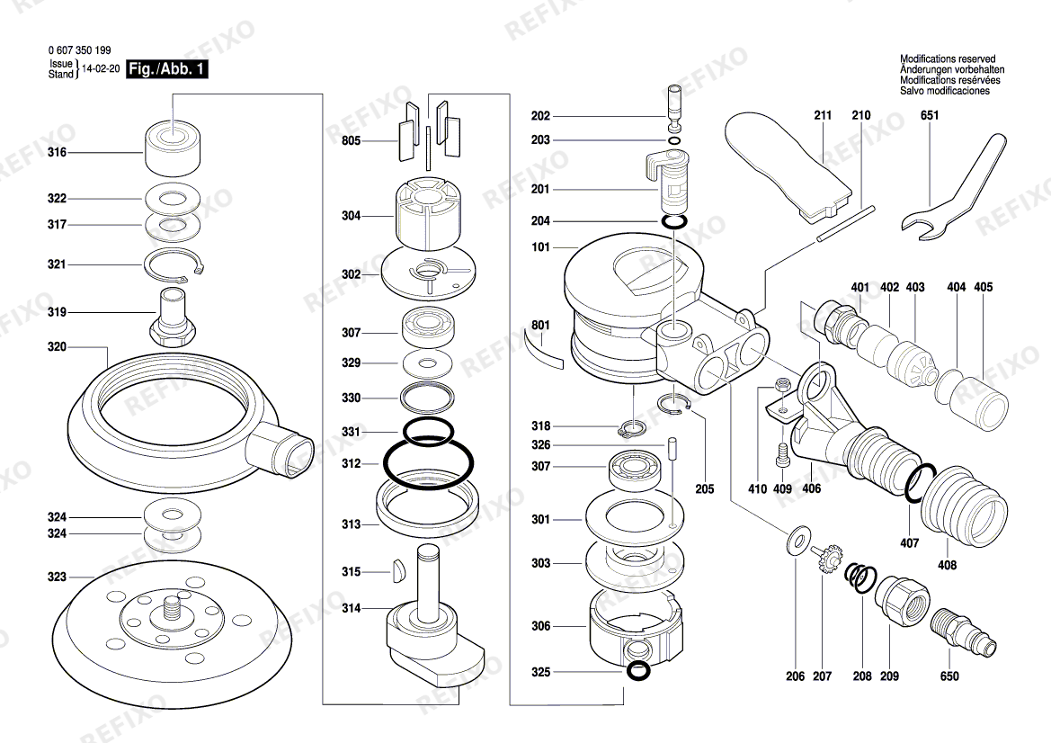 Деталировка Bosch Эксцентриковая шлифмашина DEX 150-5 (0 607 350 199) — схема запчастей в разборе