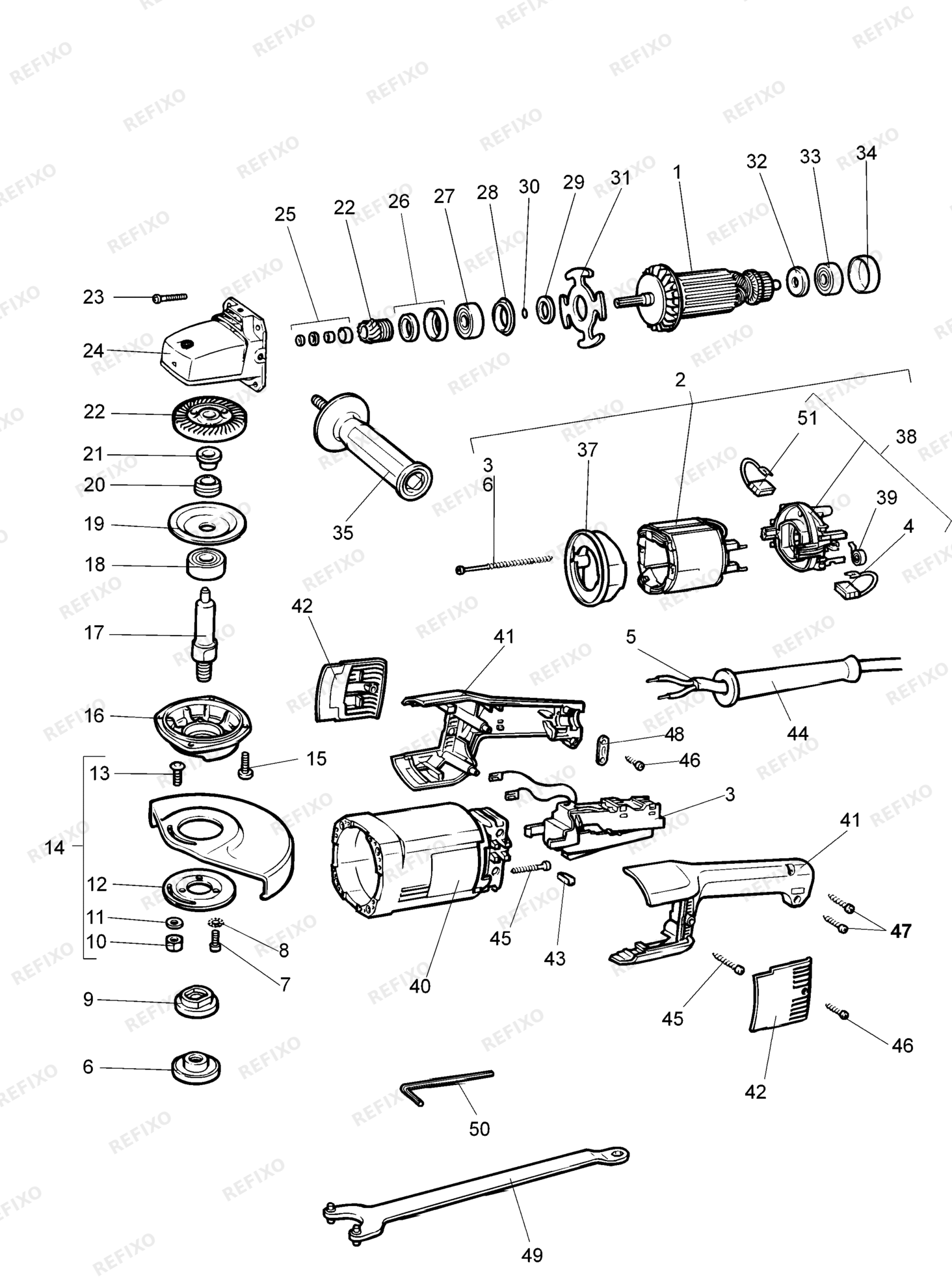 Деталировка DeWalt DW492-DE TYPE 1 угловая шлифмашина DW492-DE DW492 — схема запчастей в разборе