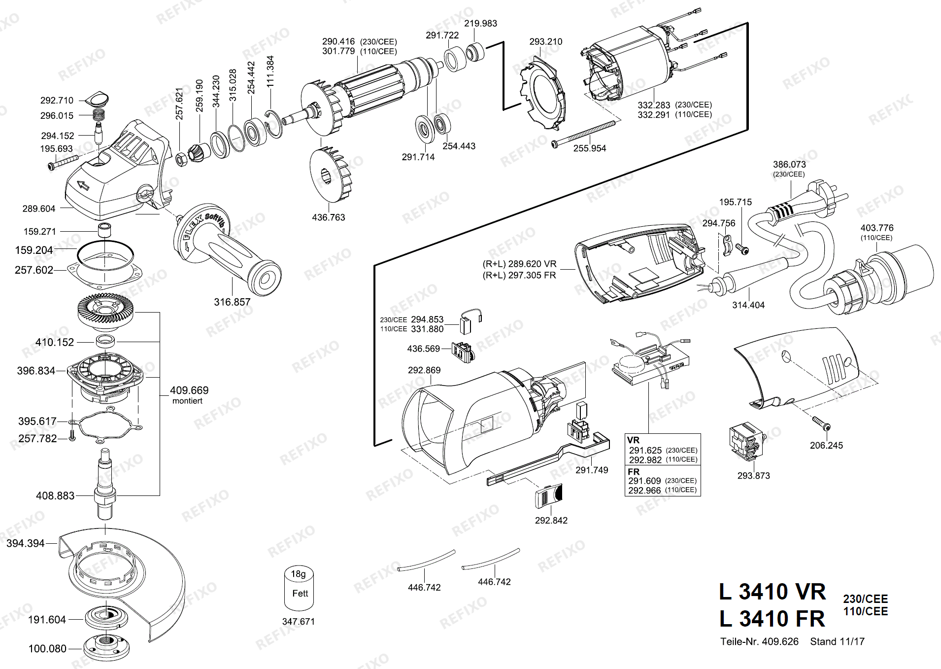 Деталировка Flex L 3410 FR 230CEE Fixtec L3410FR — схема запчастей в разборе