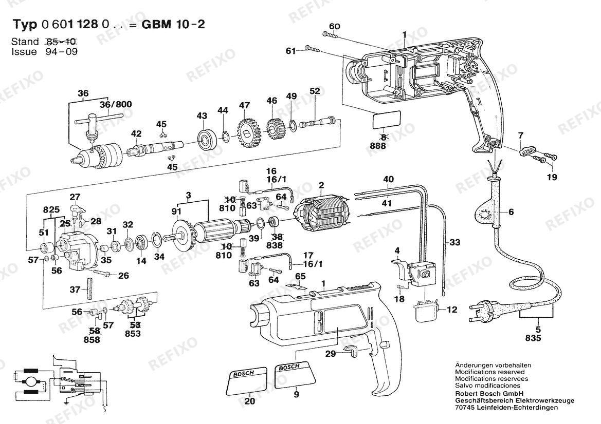 Деталировка Bosch Дрель GMB 10-2 | 220 V | 035 - FR (0 601 128 048) — схема запчастей в разборе
