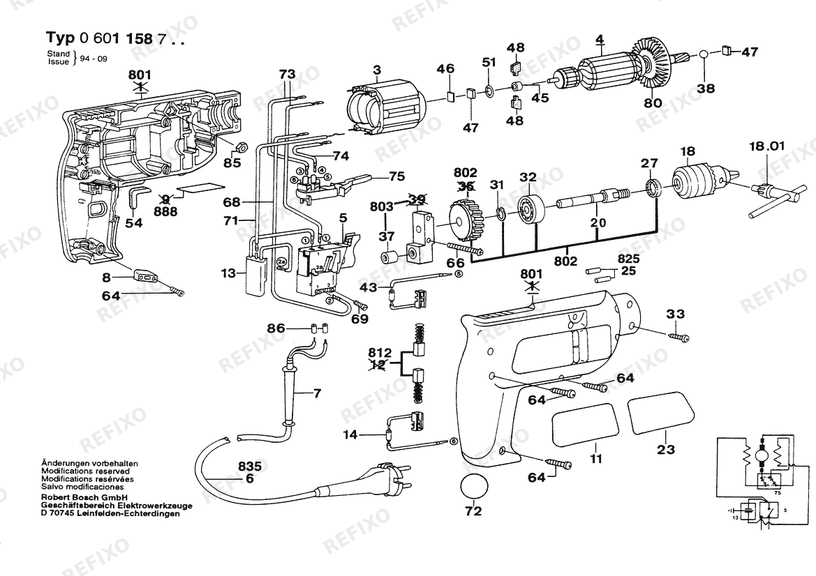 Деталировка Bosch Дрель ELECTRONIC | 240 V | 027 - AU (0 601 158 737) — схема запчастей в разборе