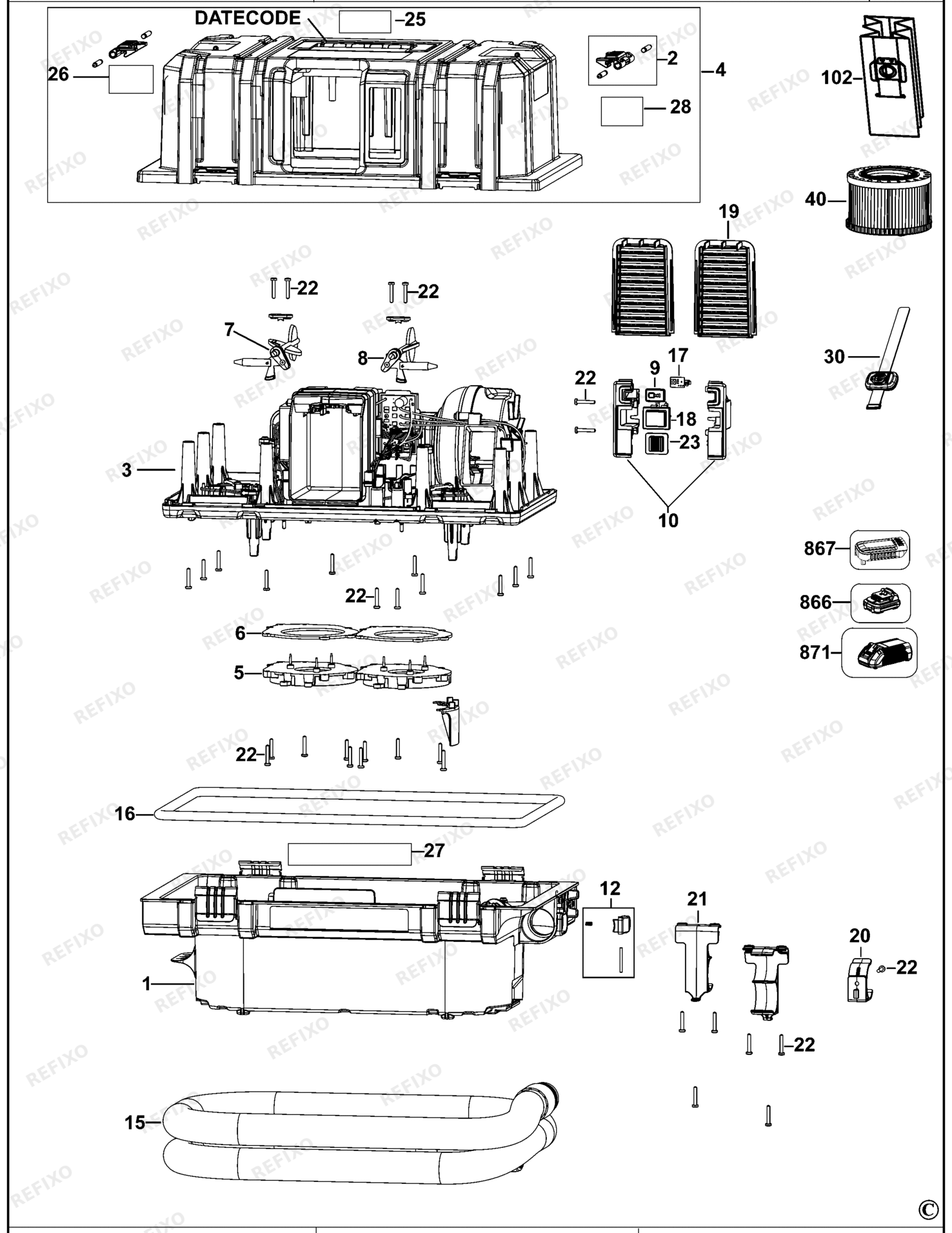 Деталировка DeWalt DCV586-QW TYPE 1 VACUUM EXTRACTOR DCV586-QW DCV586 — схема запчастей в разборе