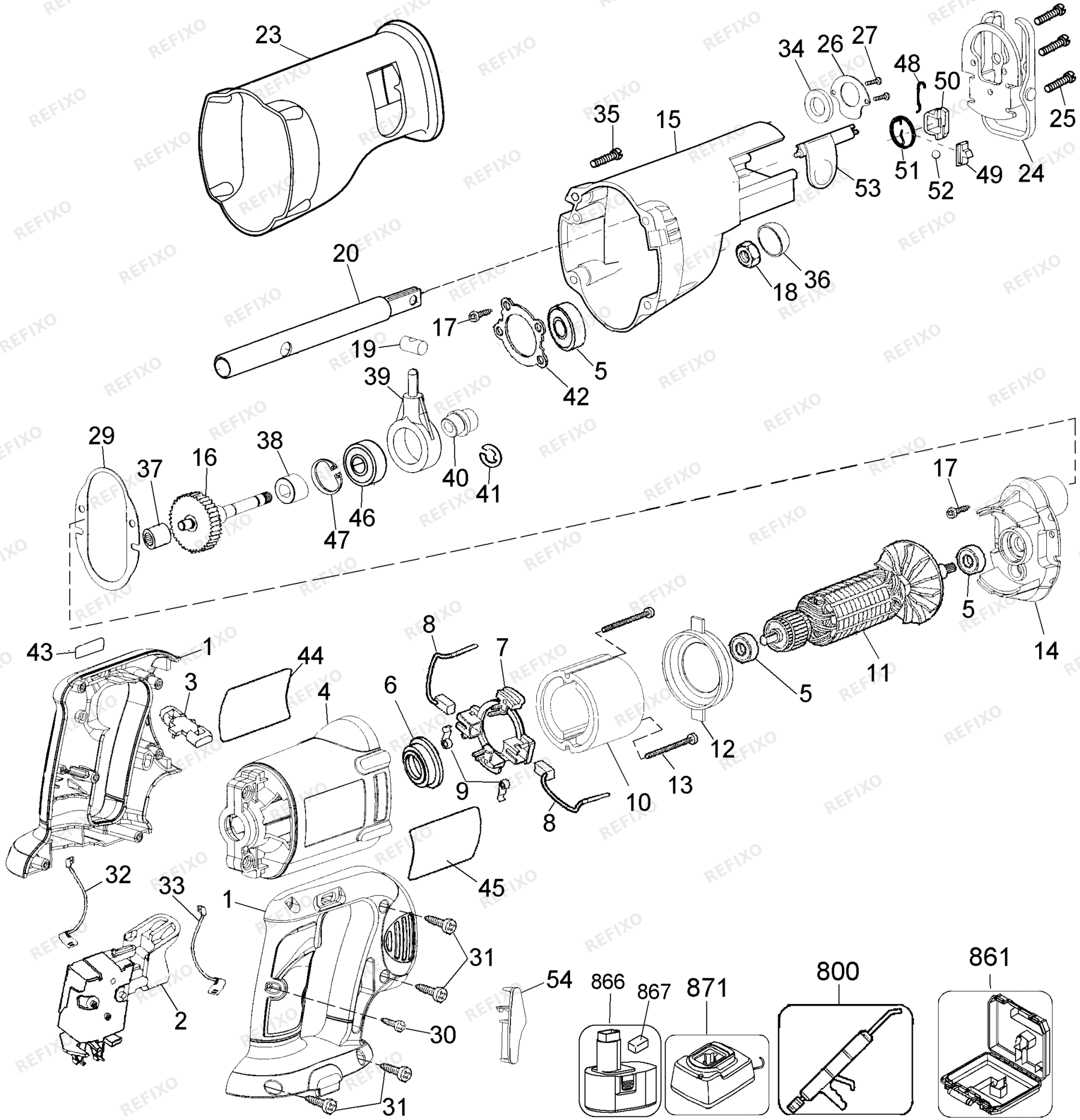 Деталировка DeWalt DC380N-XJ TYPE 1 18V RECIP SAW DC380N-XJ DC380N — схема запчастей в разборе