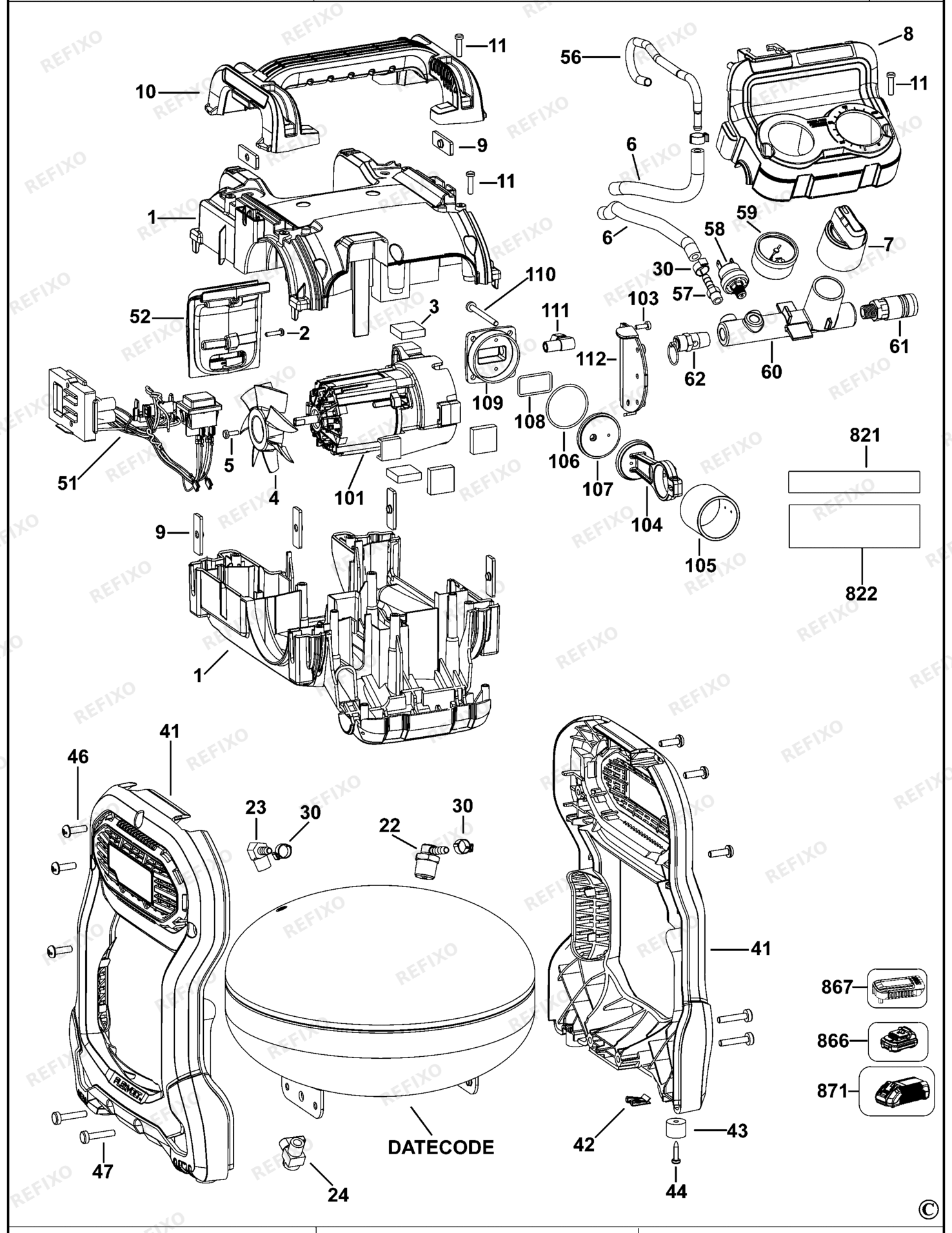 Деталировка DeWalt DCC1054-QW TYPE 1 KOMPRESSOR DCC1054-QW DCC1054 — схема запчастей в разборе