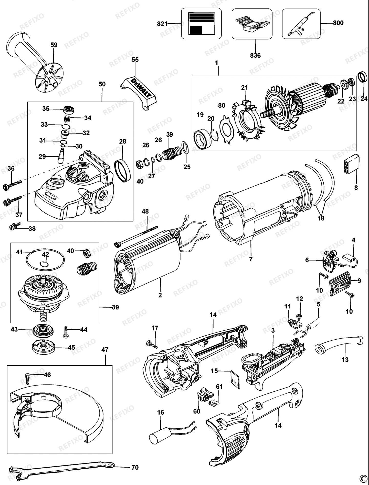 Деталировка DeWalt D28432C-LX TYPE 1 угловая шлифмашина D28432C-LX D28432C — схема запчастей в разборе