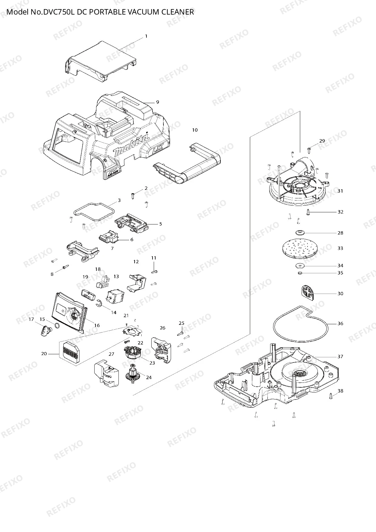 Деталировка MAKITA DVC750L — схема запчастей в разборе