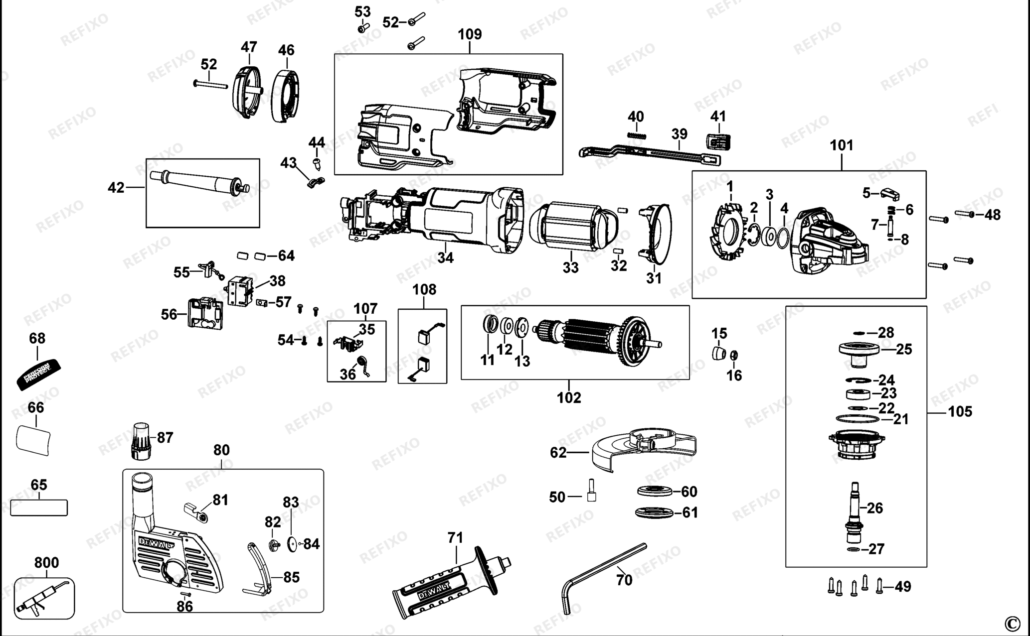 Деталировка DeWalt DWE46105-QS TYPE 1 SMALL ANGLE GRINDER DWE46105-QS DWE46105 — схема запчастей в разборе