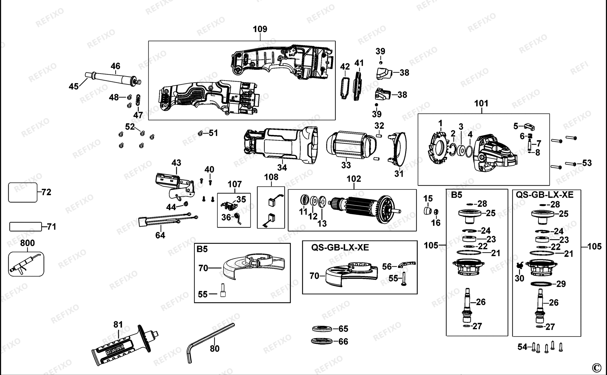 Деталировка DeWalt DWE4277-LX TYPE 1 угловая шлифмашина DWE4277-LX DWE4277 — схема запчастей в разборе