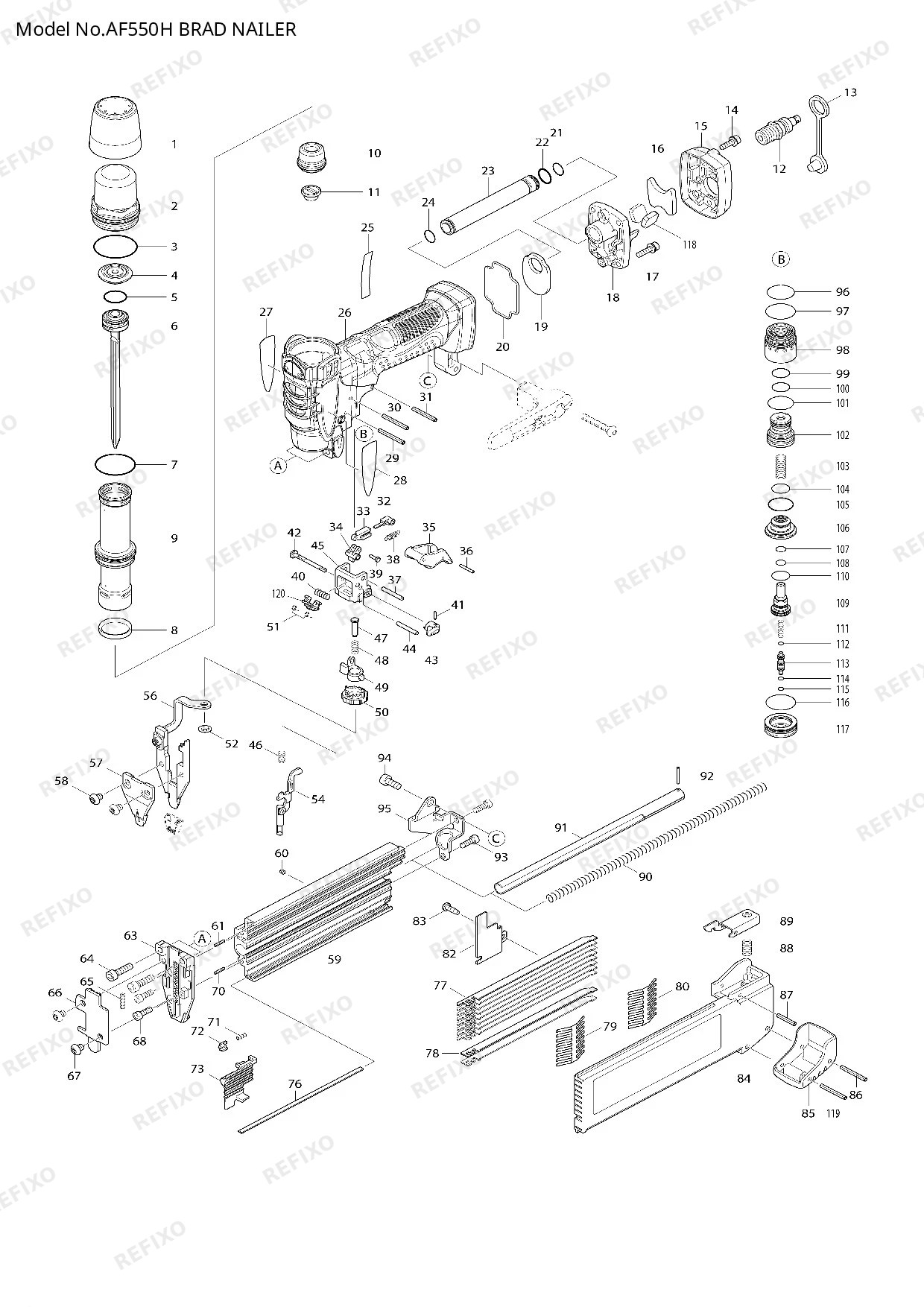 Деталировка MAKITA AF550H — схема запчастей в разборе