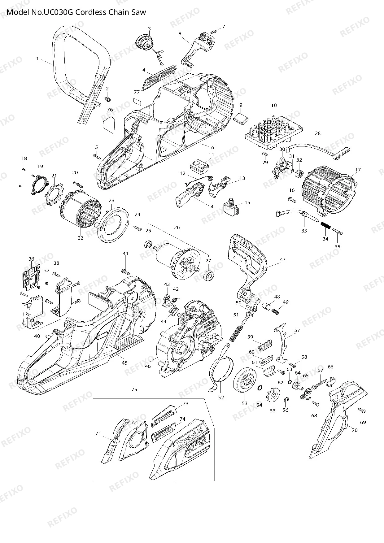 Деталировка MAKITA UC030G — схема запчастей в разборе