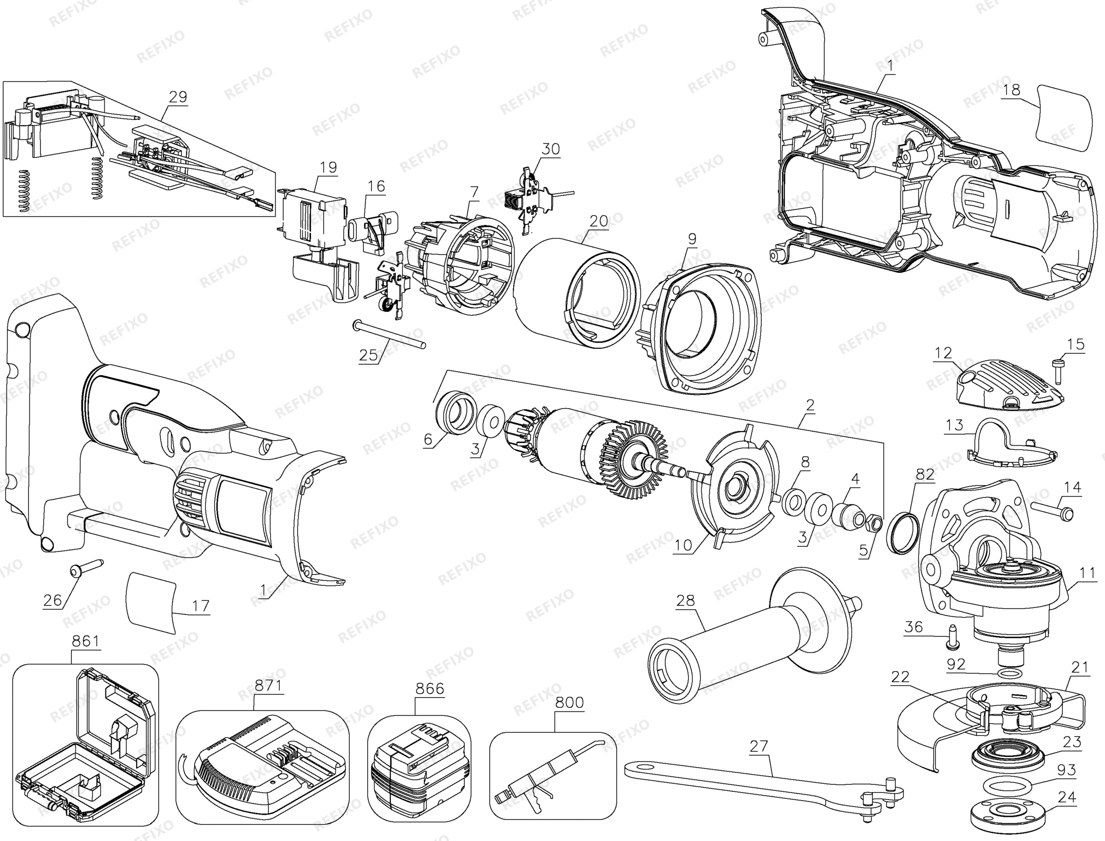Деталировка DeWalt DC415K-XJ TYPE 2 36V Finishing Grinder DC415K-XJ DC415K — схема запчастей в разборе