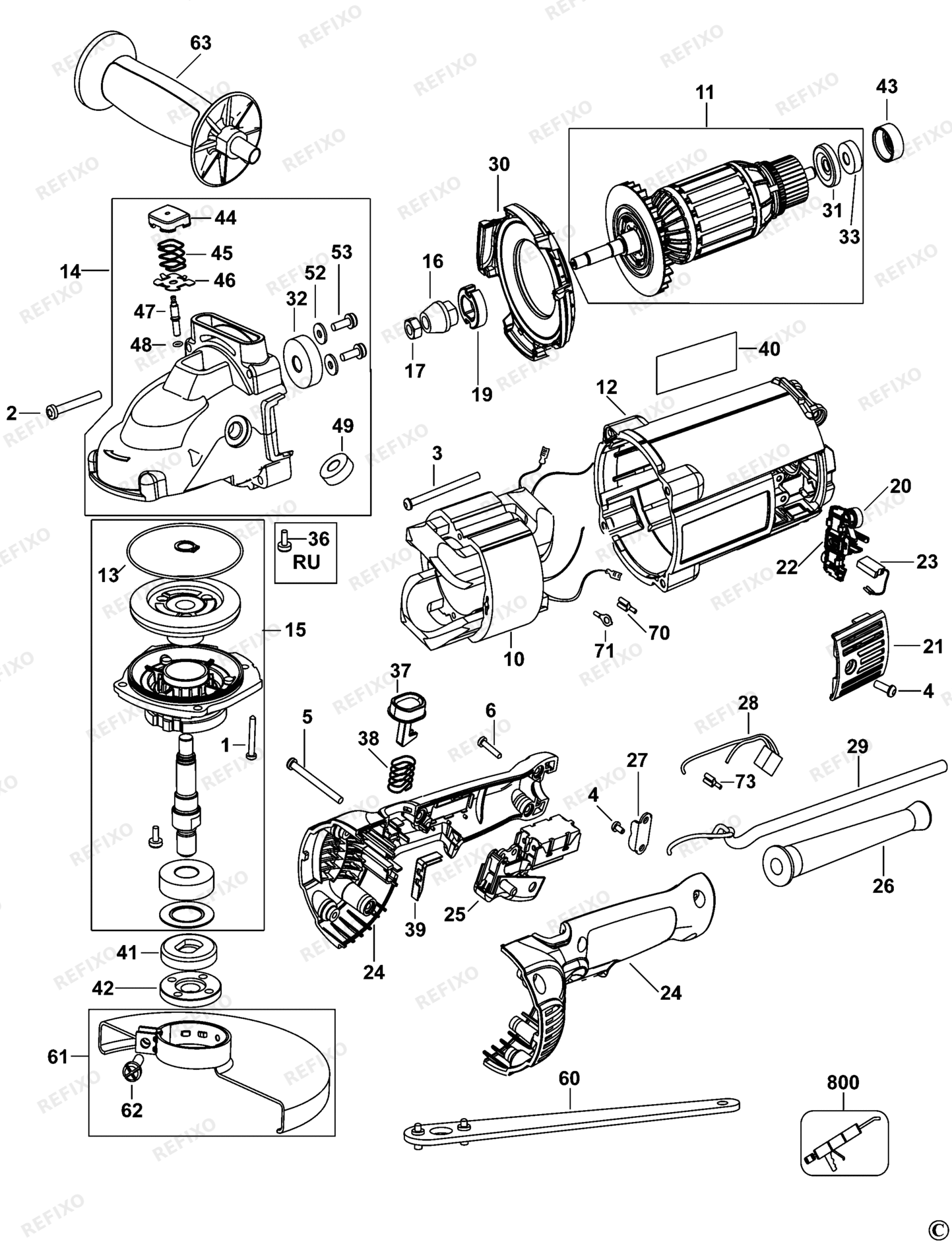 Деталировка DeWalt D28491-XJ TYPE 5 угловая шлифмашина D28491-XJ D28491 — схема запчастей в разборе