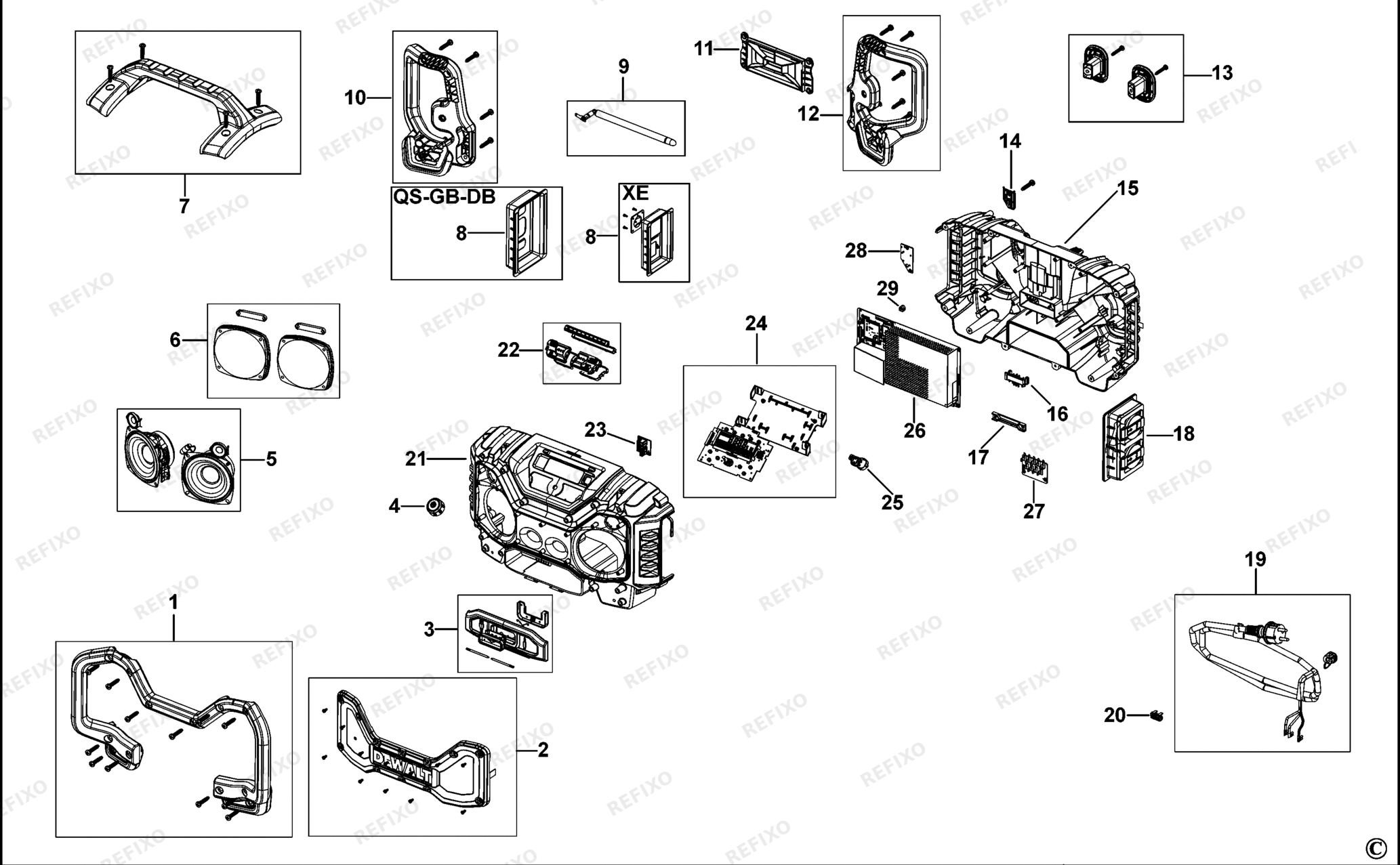 Деталировка DeWalt DCR027-QW TYPE 1 SITE RADIO DCR027-QW DCR027 — схема запчастей в разборе