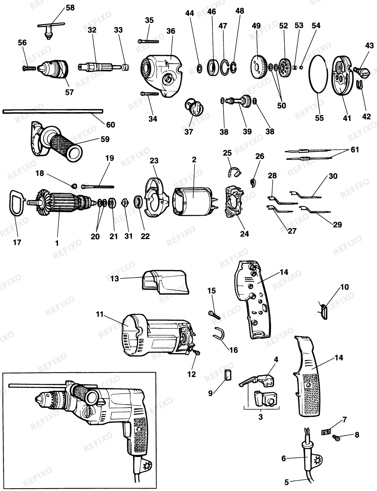 Деталировка DeWalt DW155-LX TYPE 1 BOHRER DW155-LX DW155 — схема запчастей в разборе
