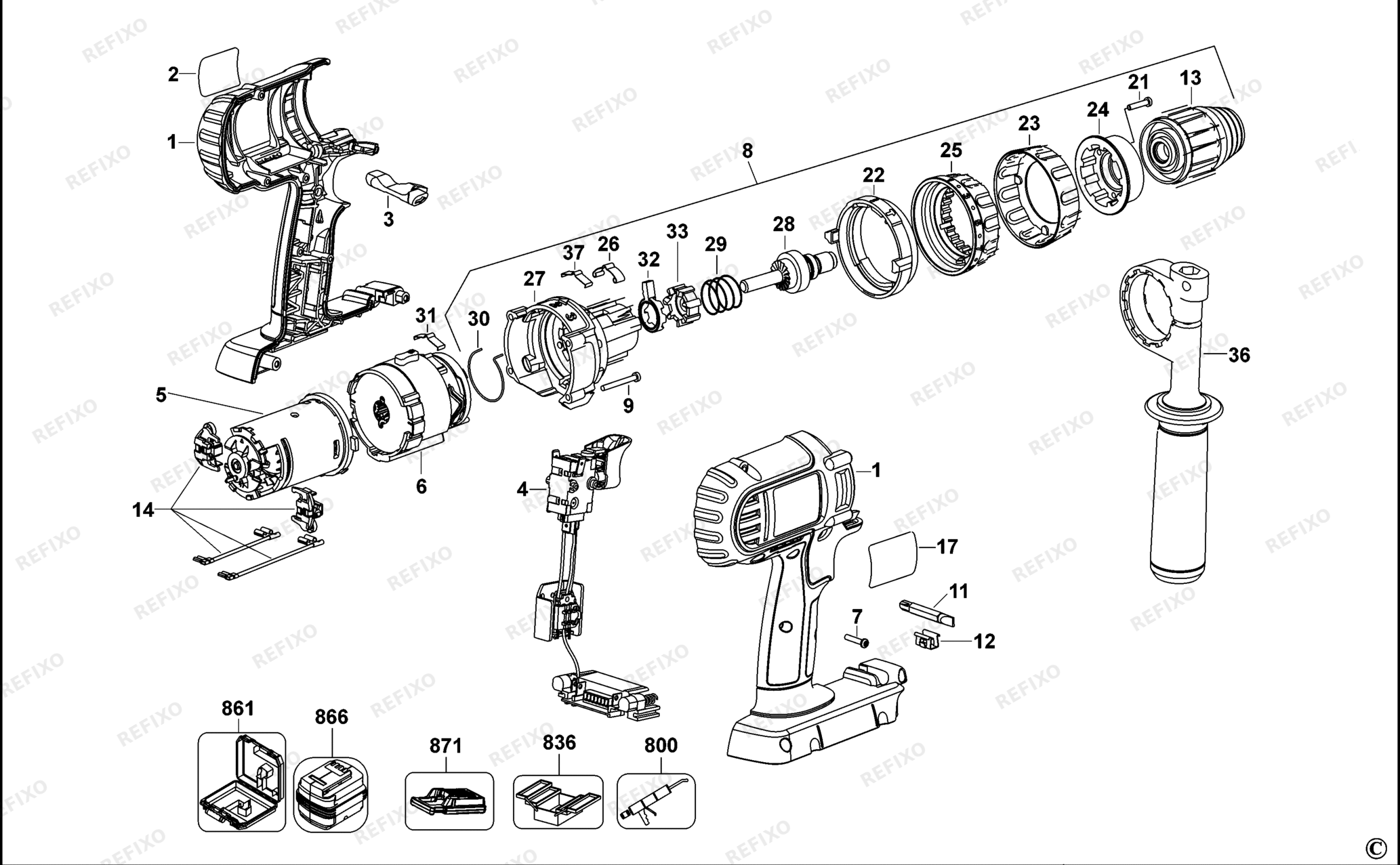 Деталировка DeWalt DC901-QW TYPE 1 аккумуляторный - дрель DC901-QW DC901 — схема запчастей в разборе