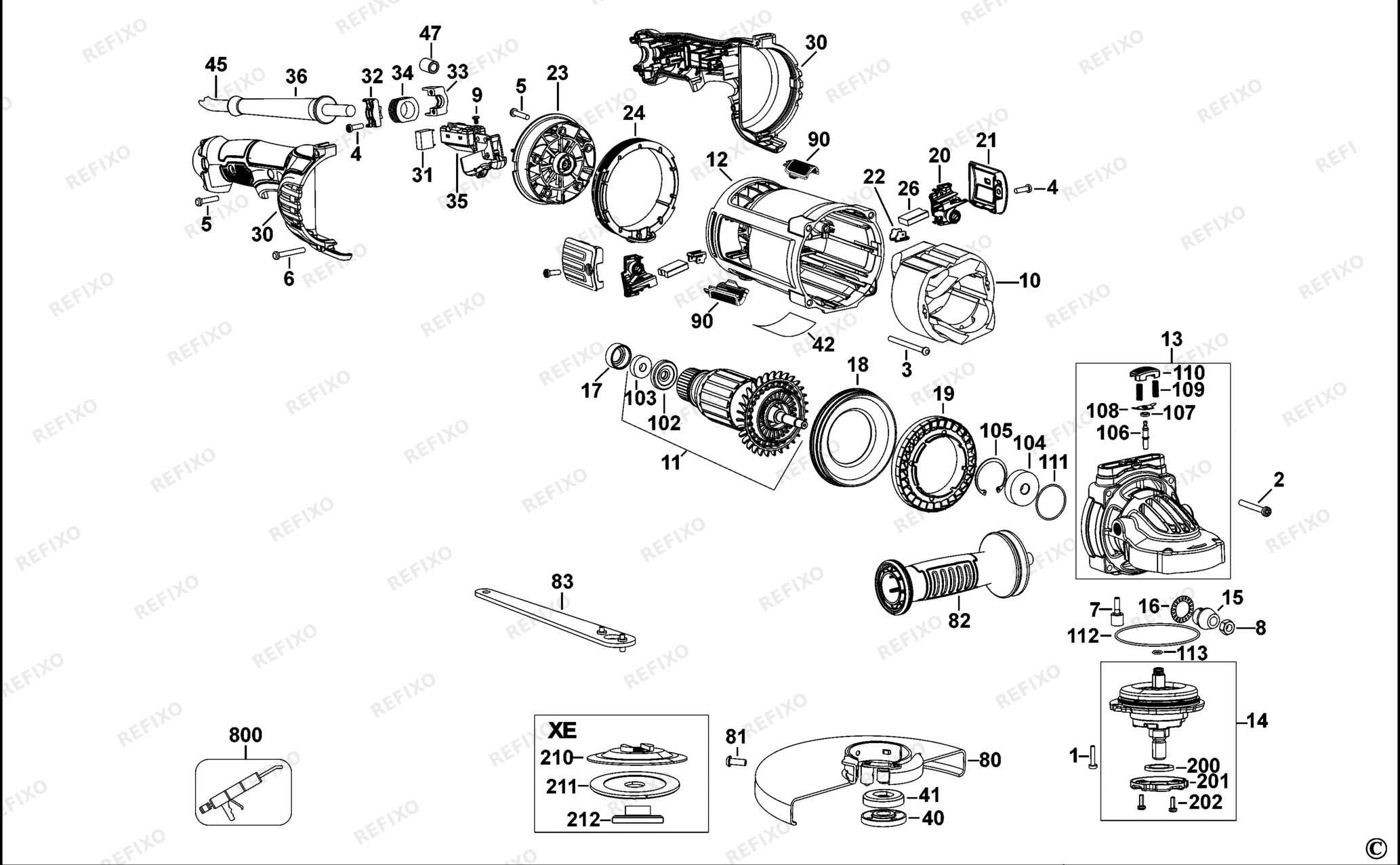Деталировка DeWalt DWE4559-QS TYPE 1 угловая шлифмашина DWE4559-QS DWE4559 — схема запчастей в разборе