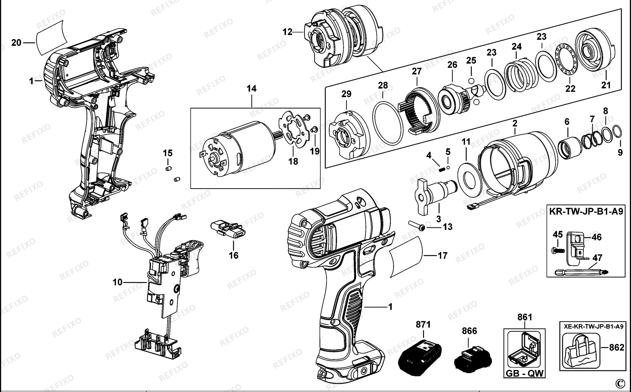 Деталировка DeWalt DCF815-QW TYPE 1 SCHLAGSCHRAUBER DCF815-QW DCF815 — схема запчастей в разборе